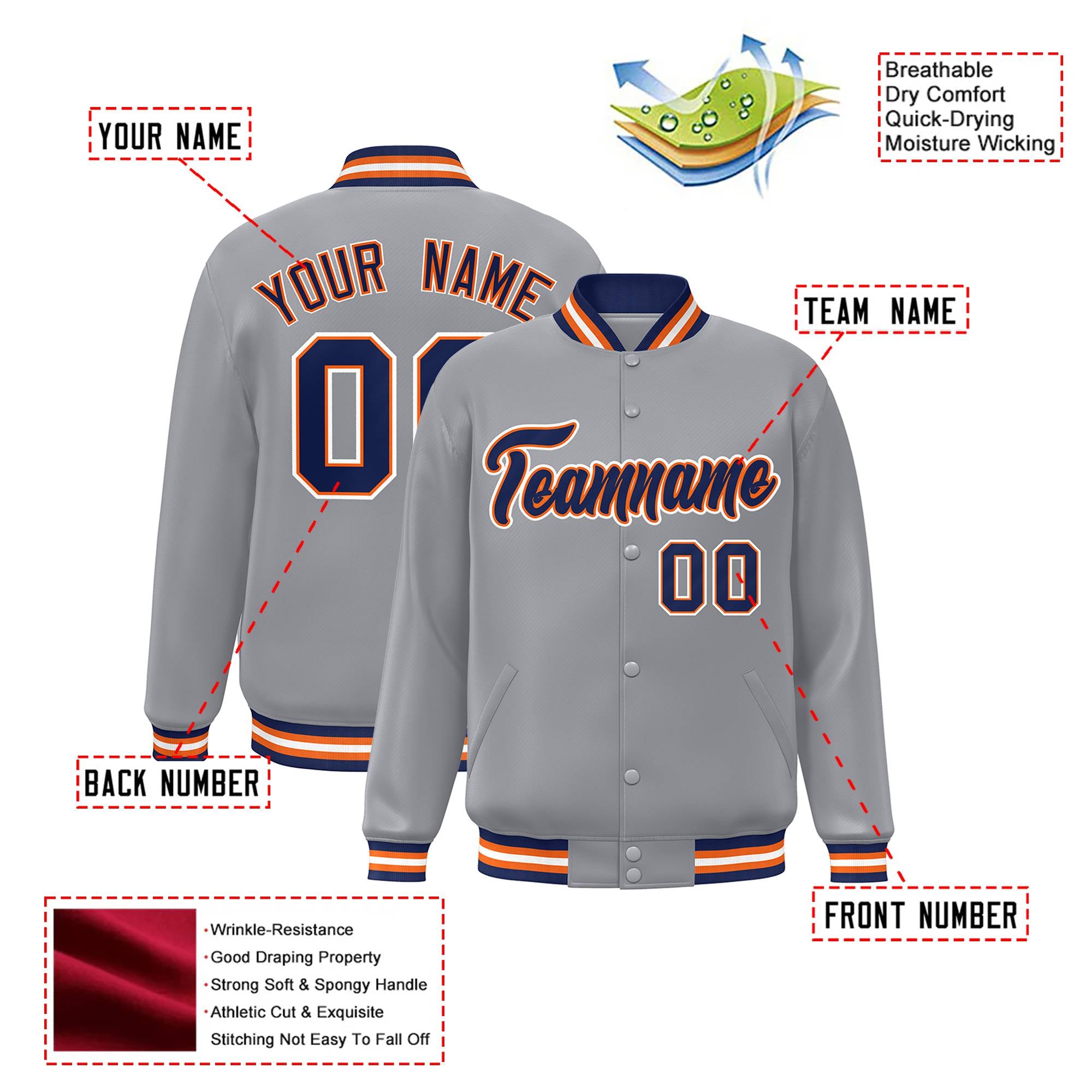 Custom Gray Navy-Orange Bomber Full-Snap Varsity Letterman Jacket