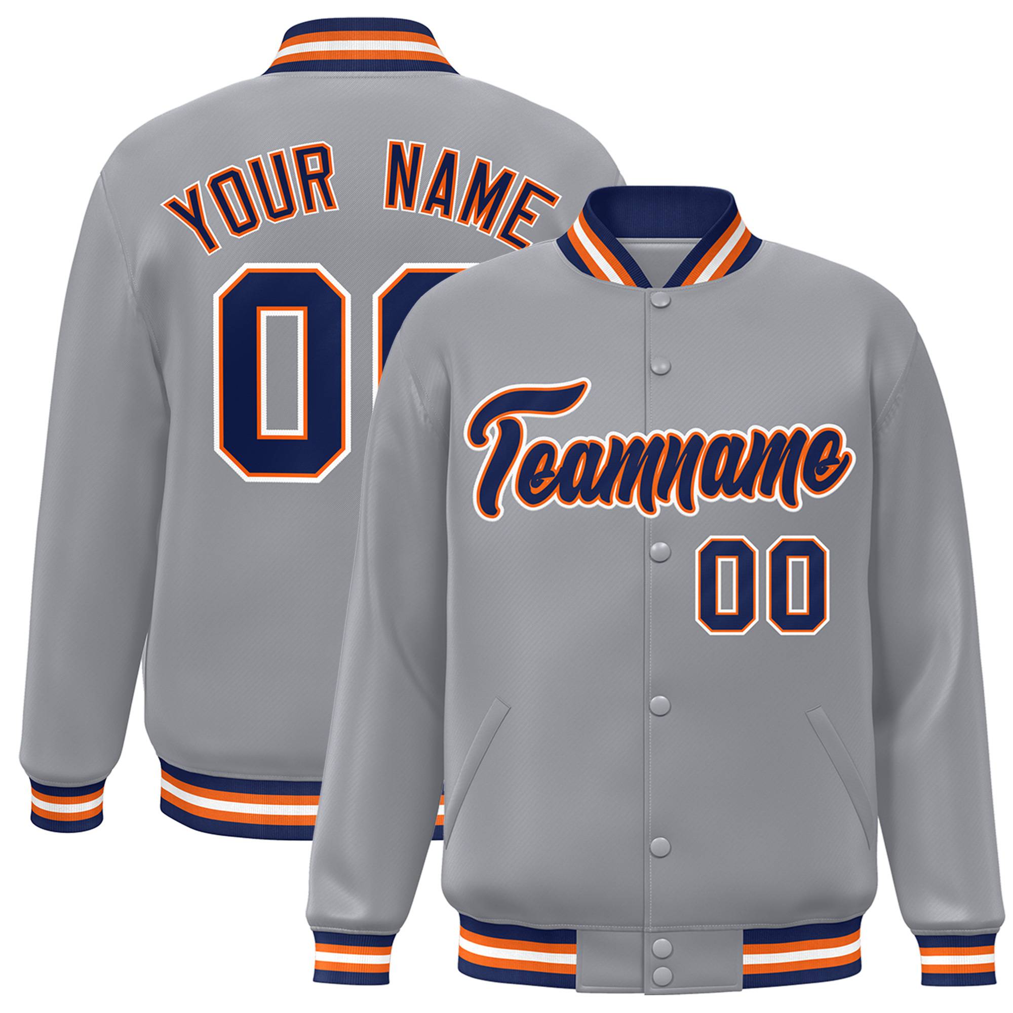 Custom Gray Navy-Orange Bomber Full-Snap Varsity Letterman Jacket