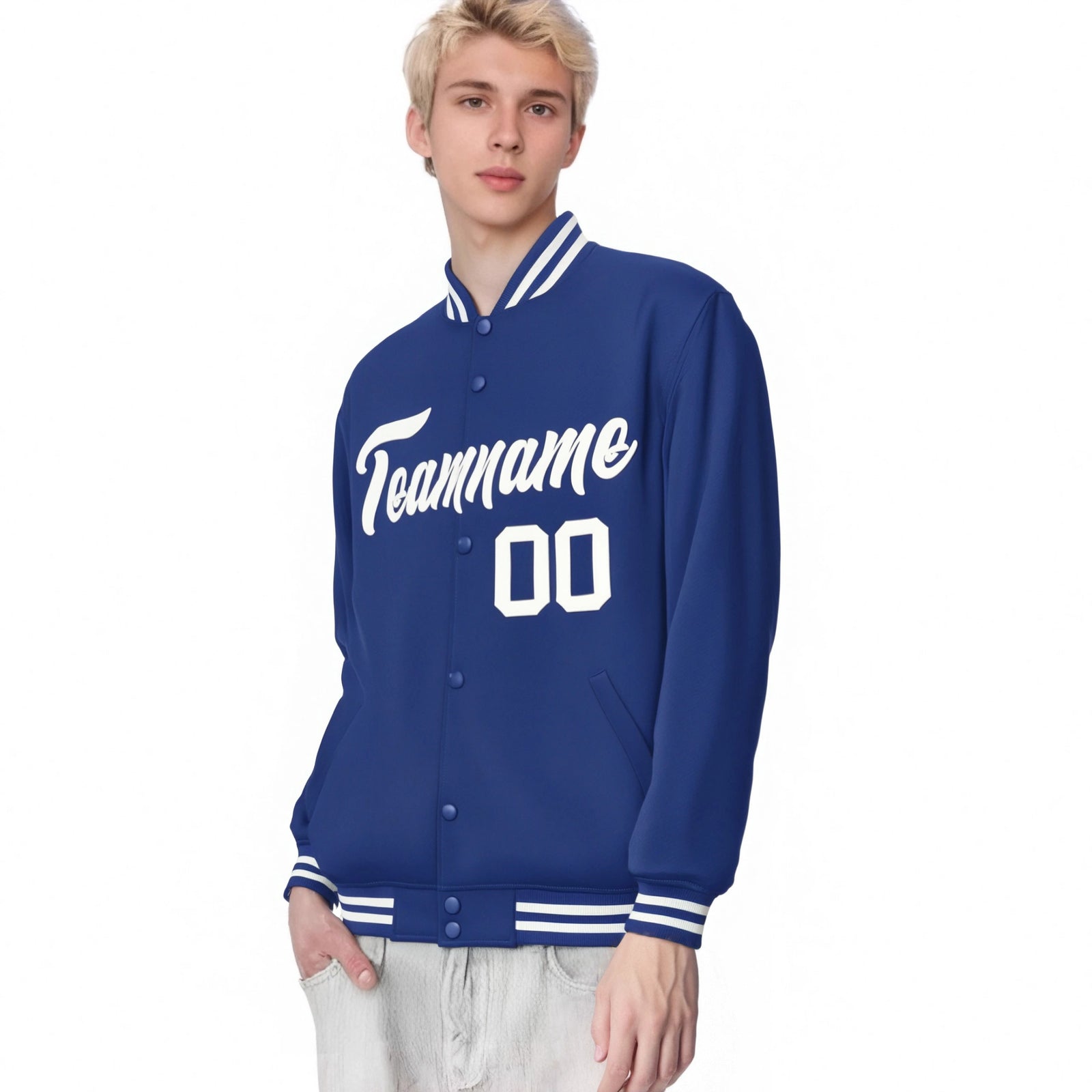 Custom Sky-Blue White Bomber Full-Snap Varsity Letterman Jacket