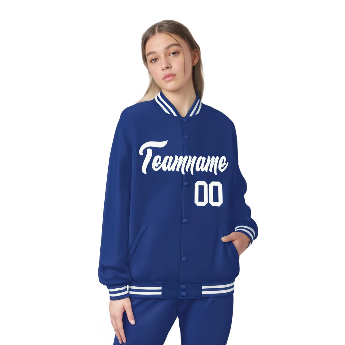 Custom Sky-Blue White Bomber Full-Snap Varsity Letterman Jacket