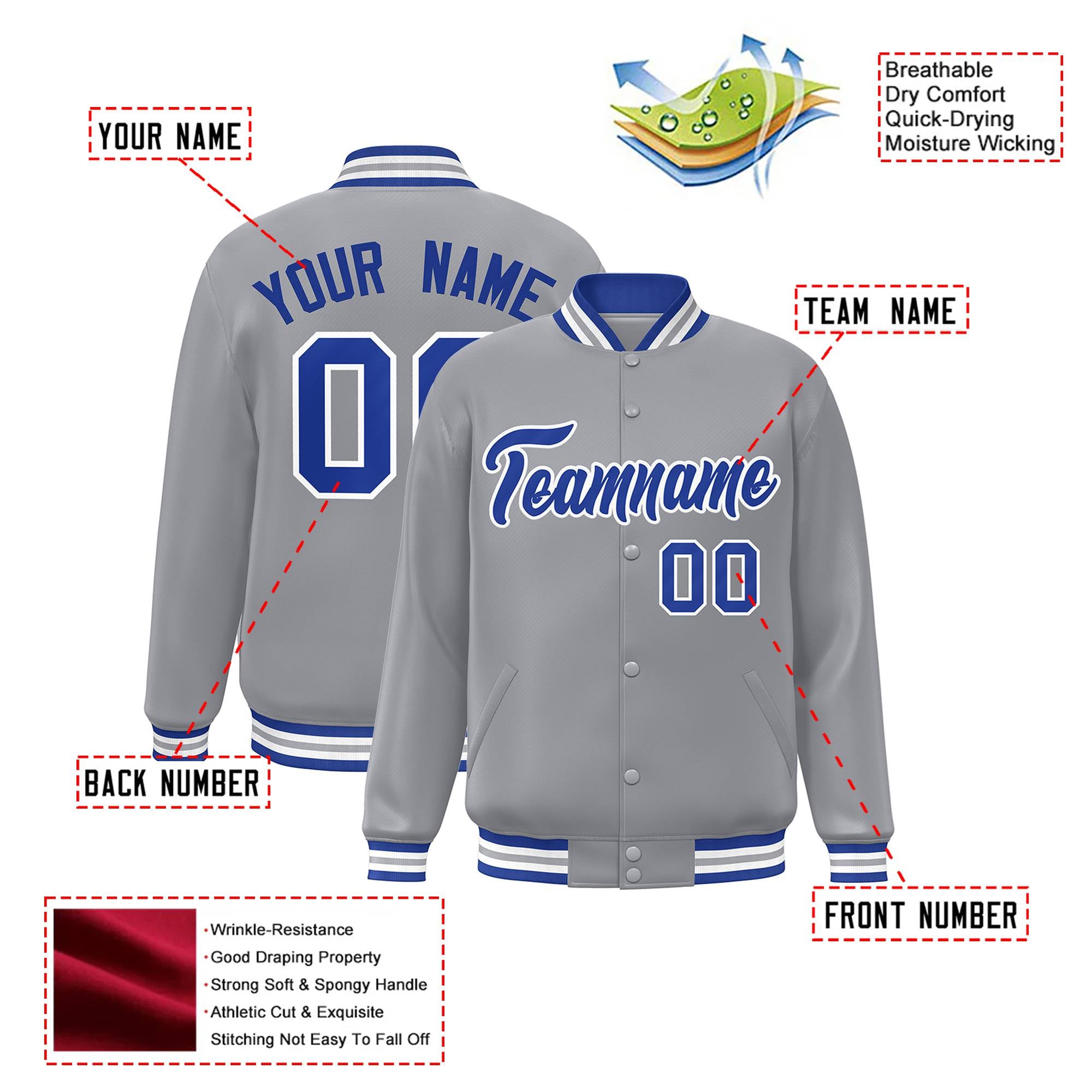 Custom Gray Blue-White Bomber Full-Snap Varsity Letterman Jacket