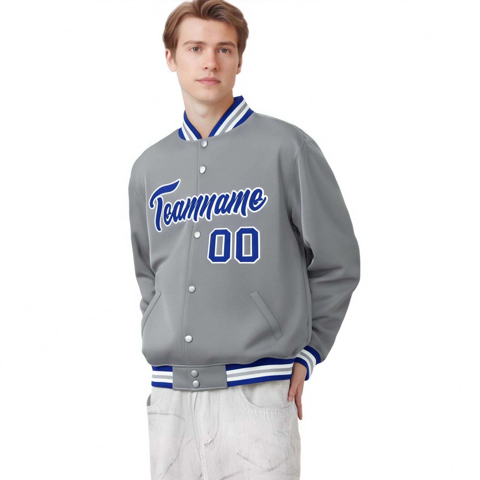 Custom Gray Blue-White Bomber Full-Snap Varsity Letterman Jacket