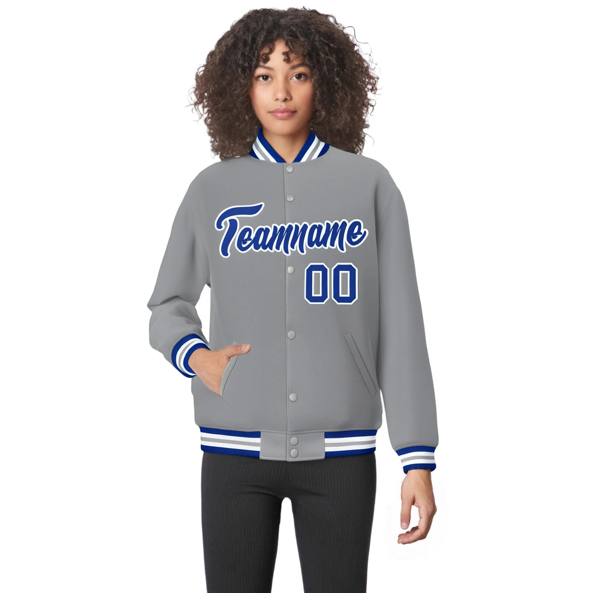 Custom Gray Blue-White Bomber Full-Snap Varsity Letterman Jacket