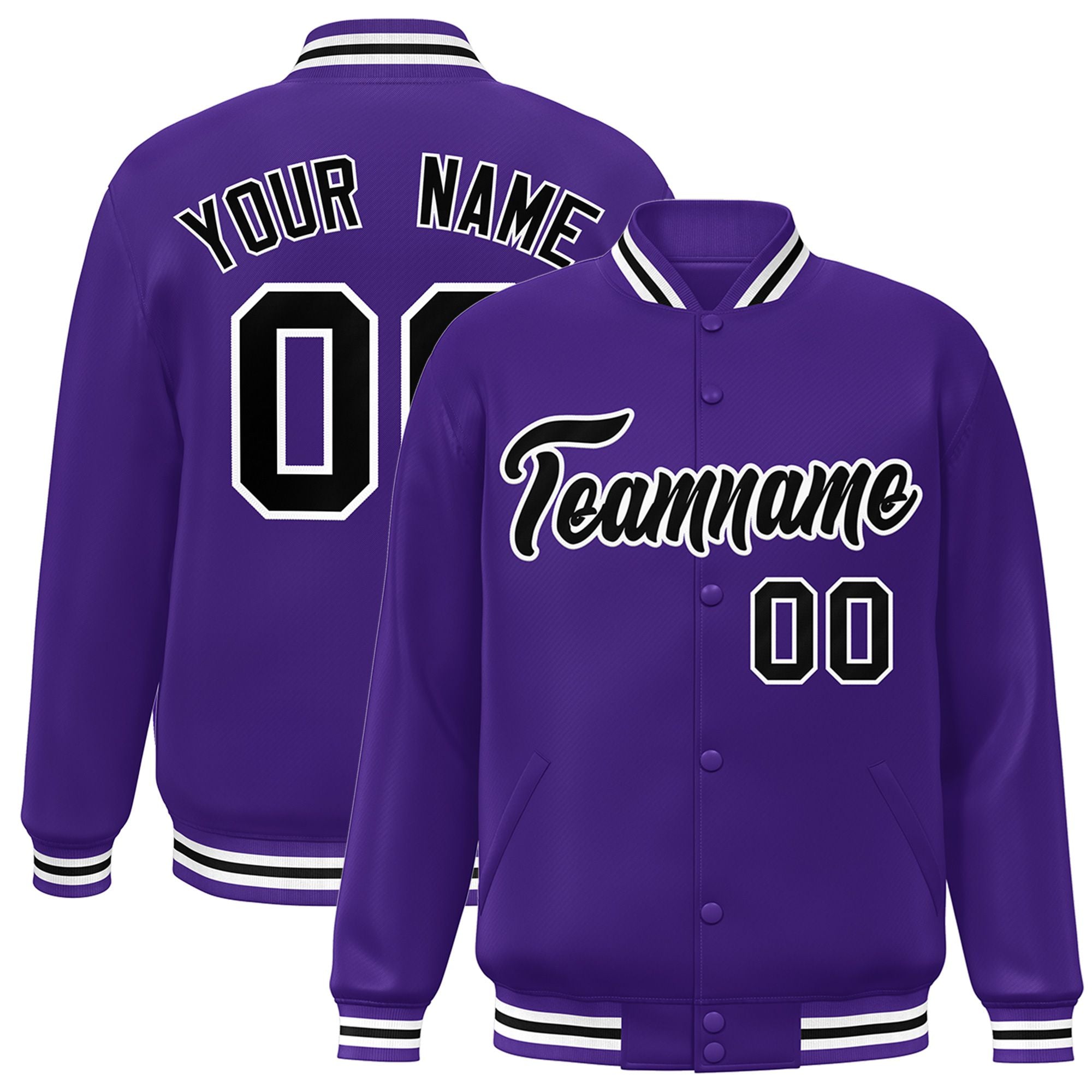 Custom Purple Black-White Bomber Full-Snap Varsity Letterman Jacket