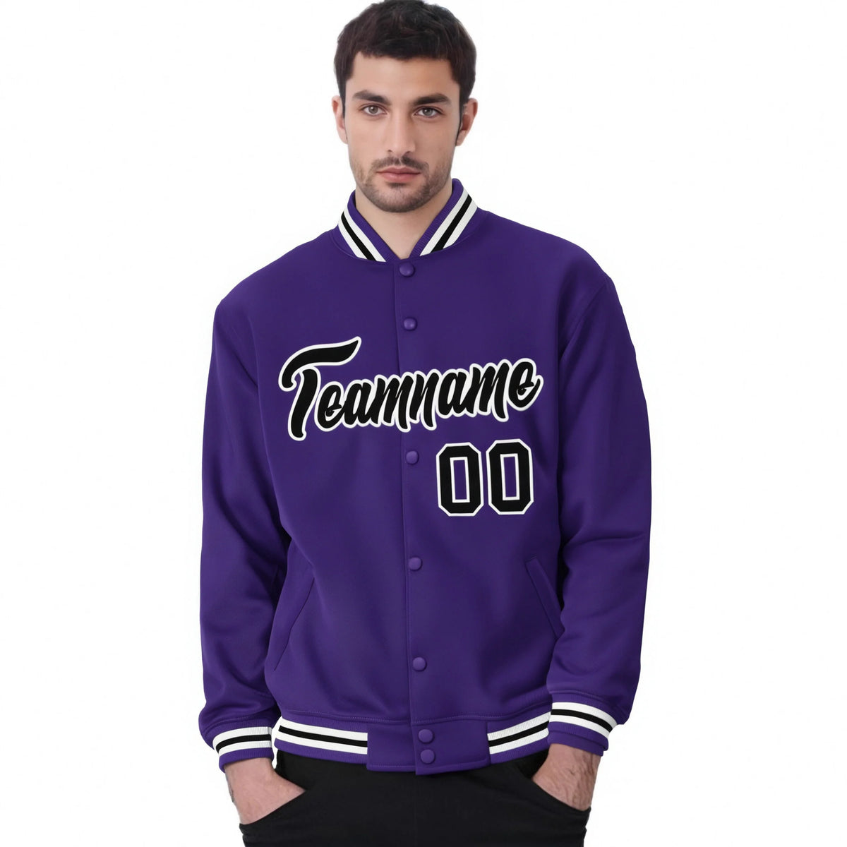 Custom Purple Black-White Bomber Full-Snap Varsity Letterman Jacket