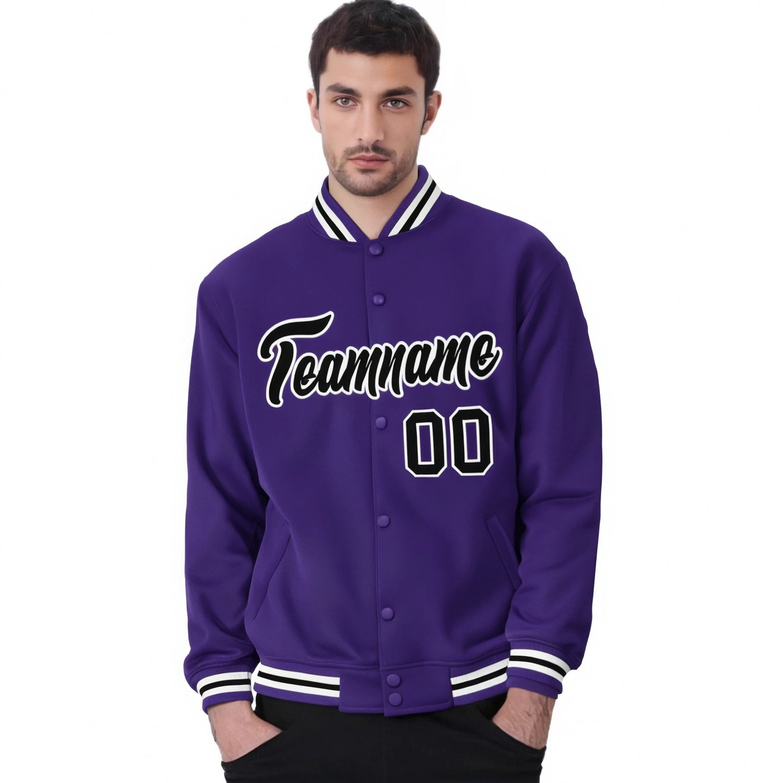 Custom Purple Black-White Bomber Full-Snap Varsity Letterman Jacket
