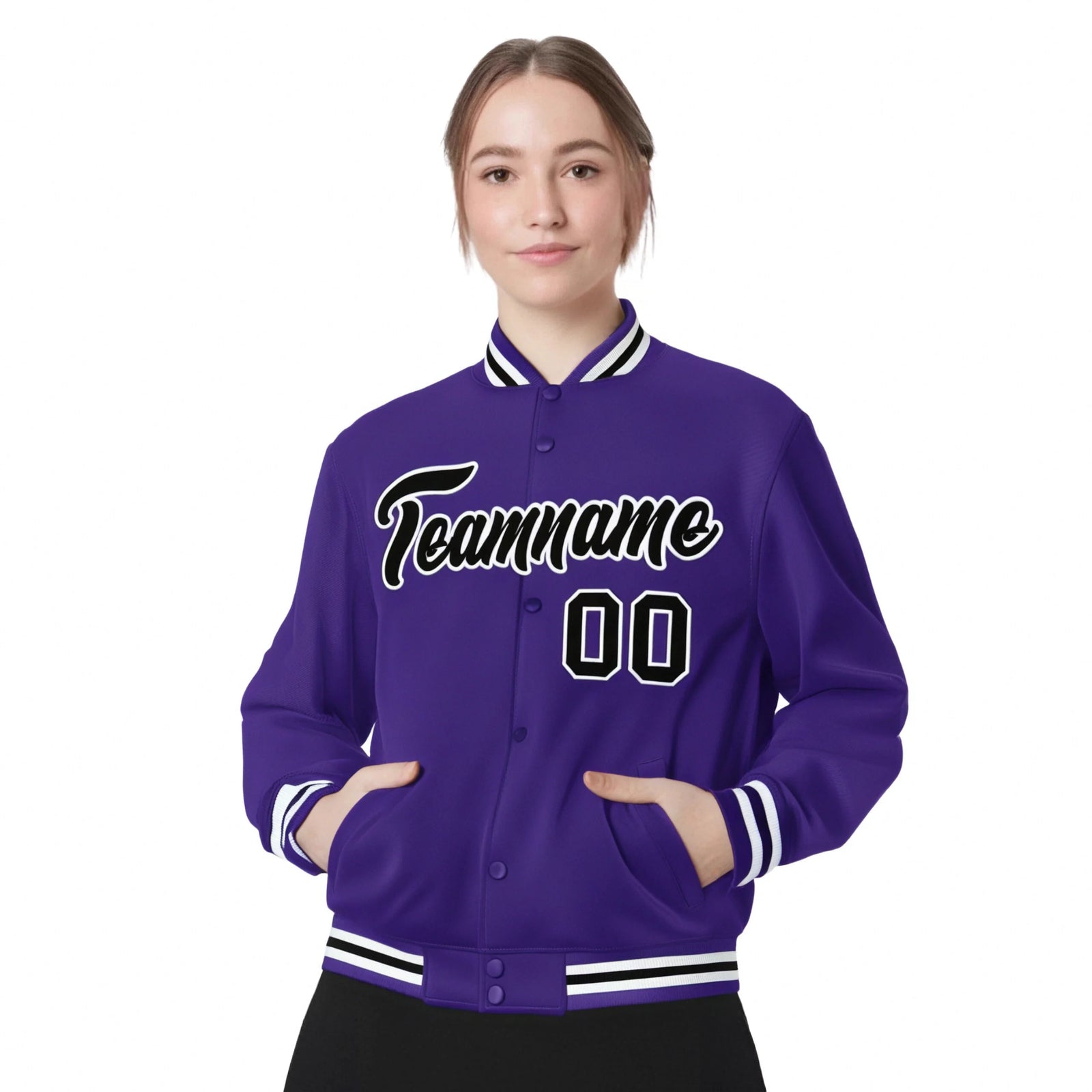 Custom Purple Black-White Bomber Full-Snap Varsity Letterman Jacket