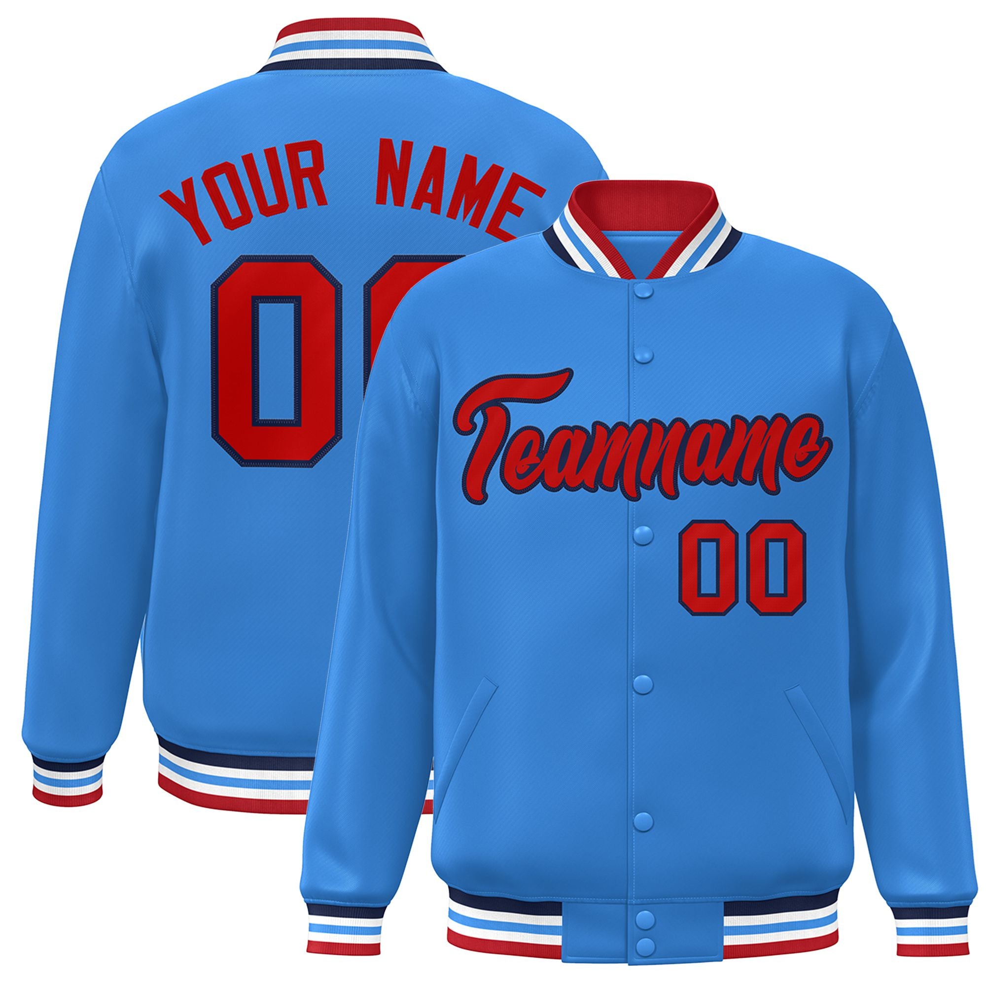 Custom Light Blue Red-Black Bomber Full-Snap Varsity Letterman Jacket