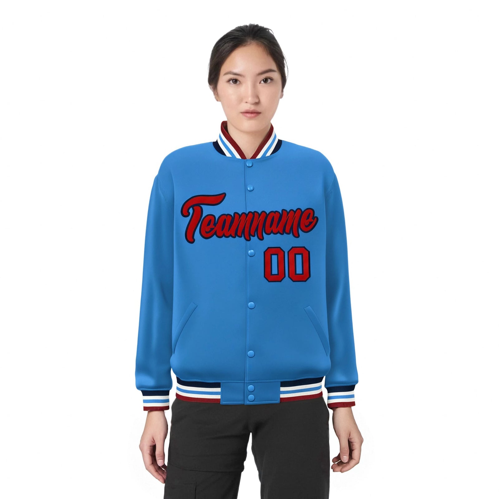 Custom Light Blue Red-Black Bomber Full-Snap Varsity Letterman Jacket