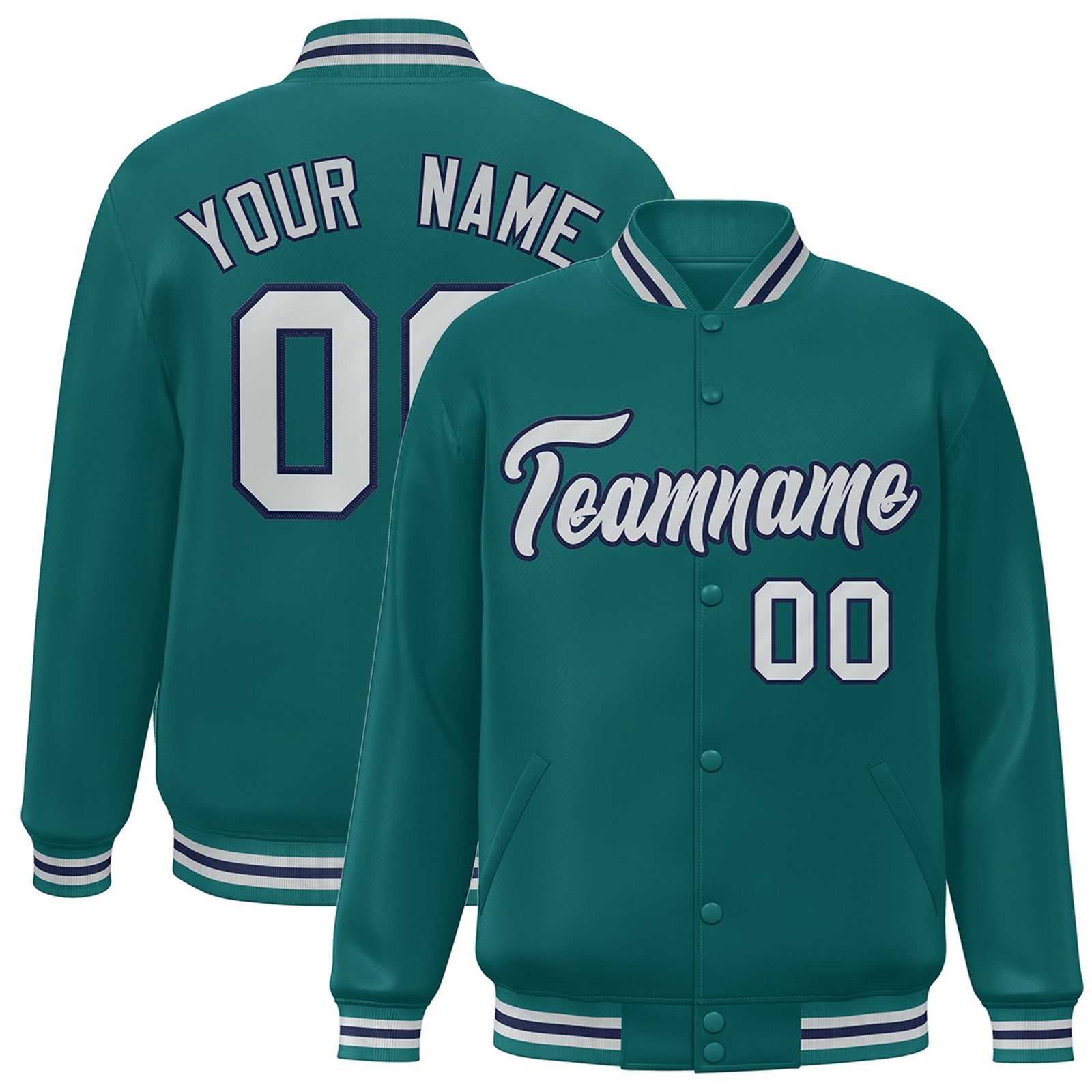 Custom Aqua Gray-Navy Bomber Full-Snap Varsity Letterman Jacket