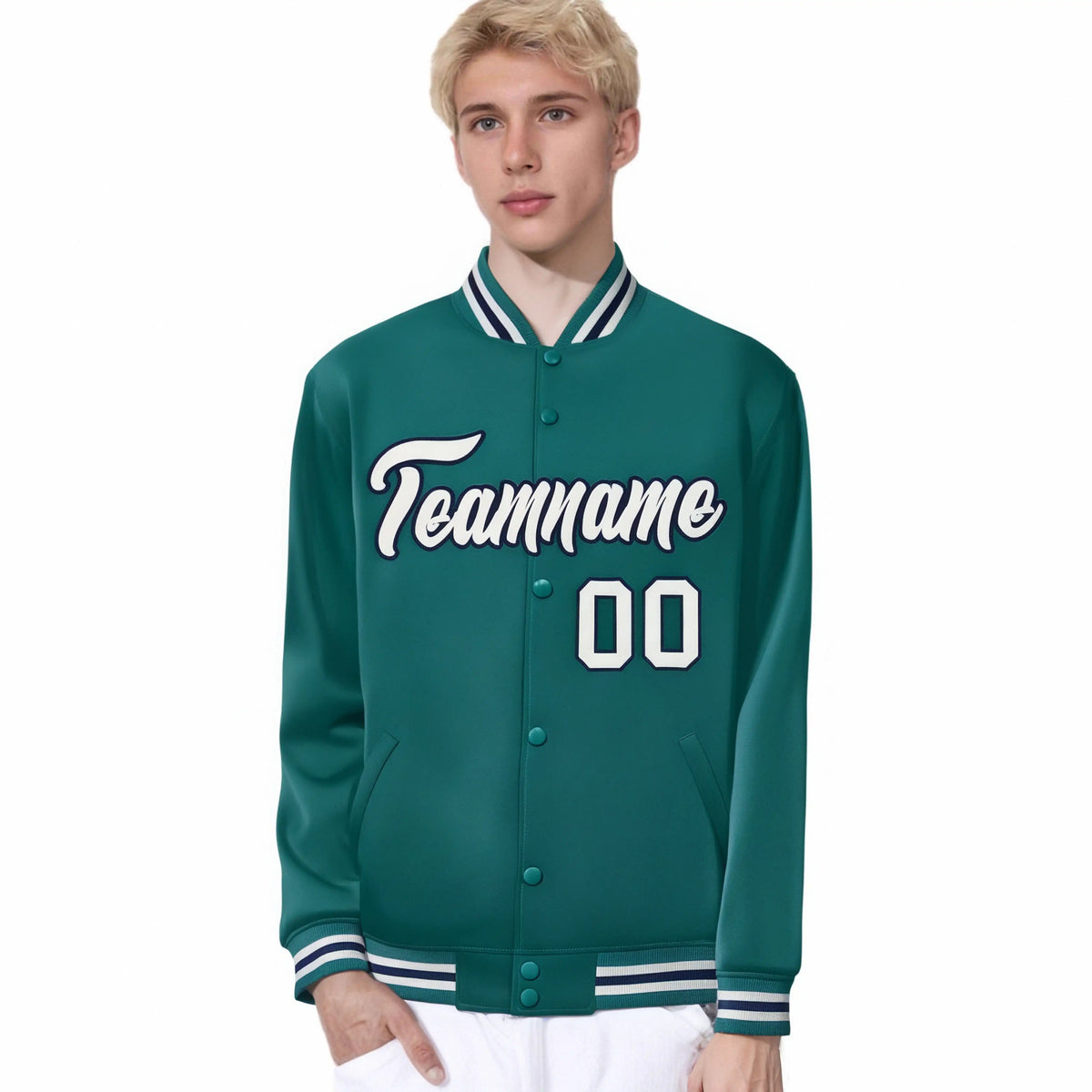 Custom Aqua Gray-Navy Bomber Full-Snap Varsity Letterman Jacket