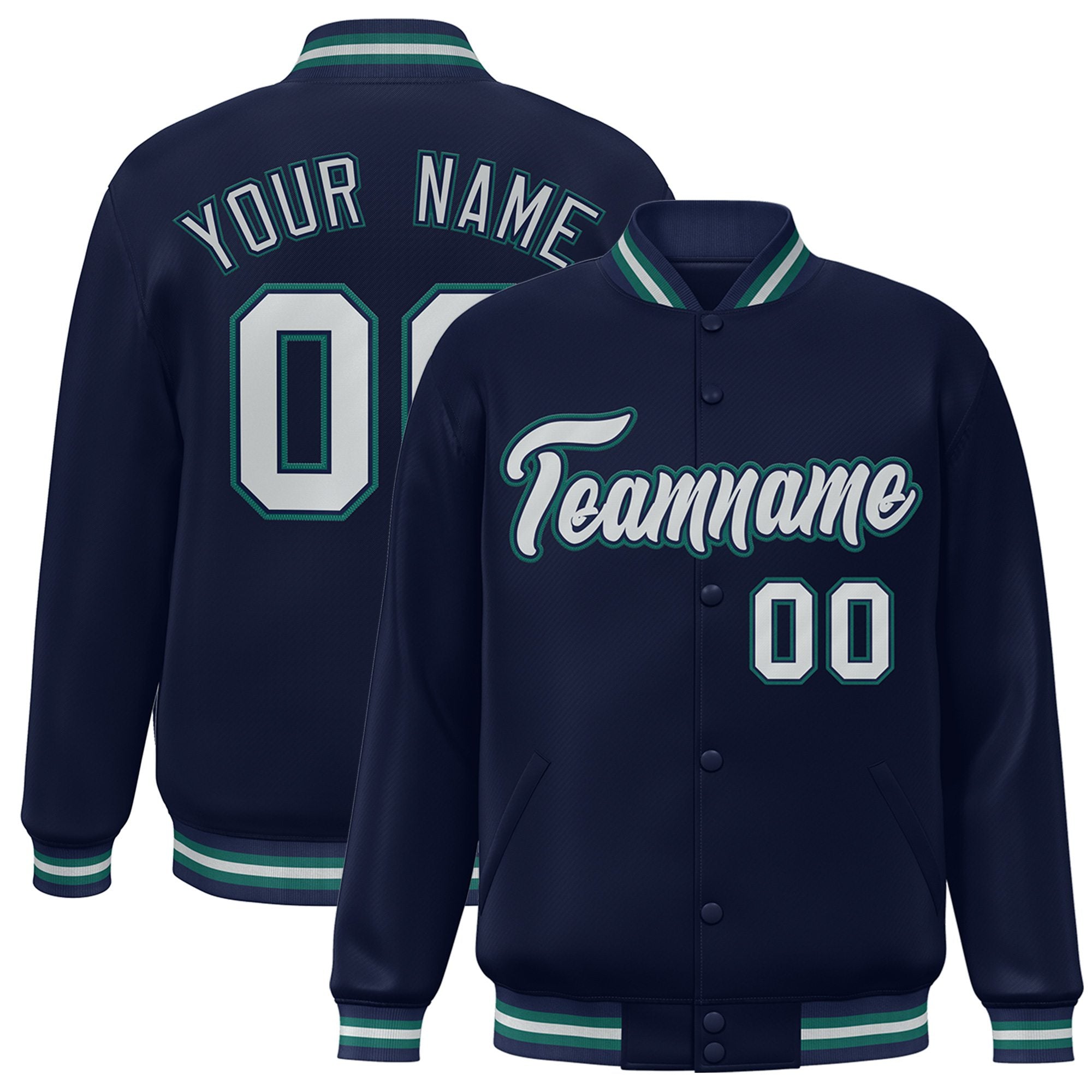 Custom Navy Gray-Aqua Bomber Full-Snap Varsity Letterman Jacket