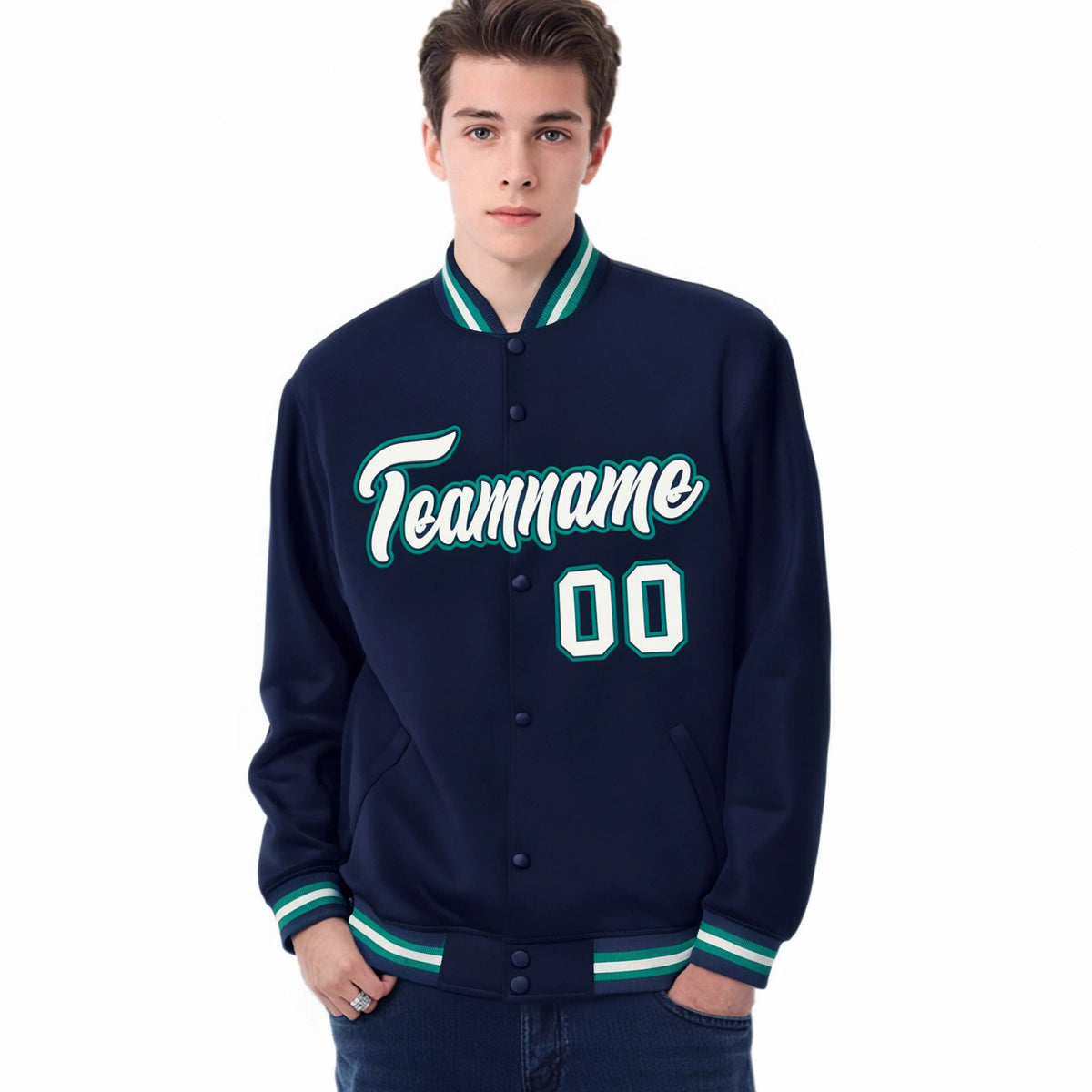 Custom Navy Gray-Aqua Bomber Full-Snap Varsity Letterman Jacket