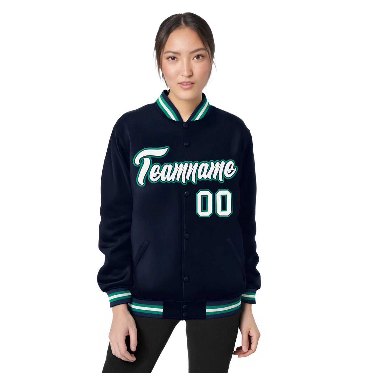 Custom Navy Gray-Aqua Bomber Full-Snap Varsity Letterman Jacket