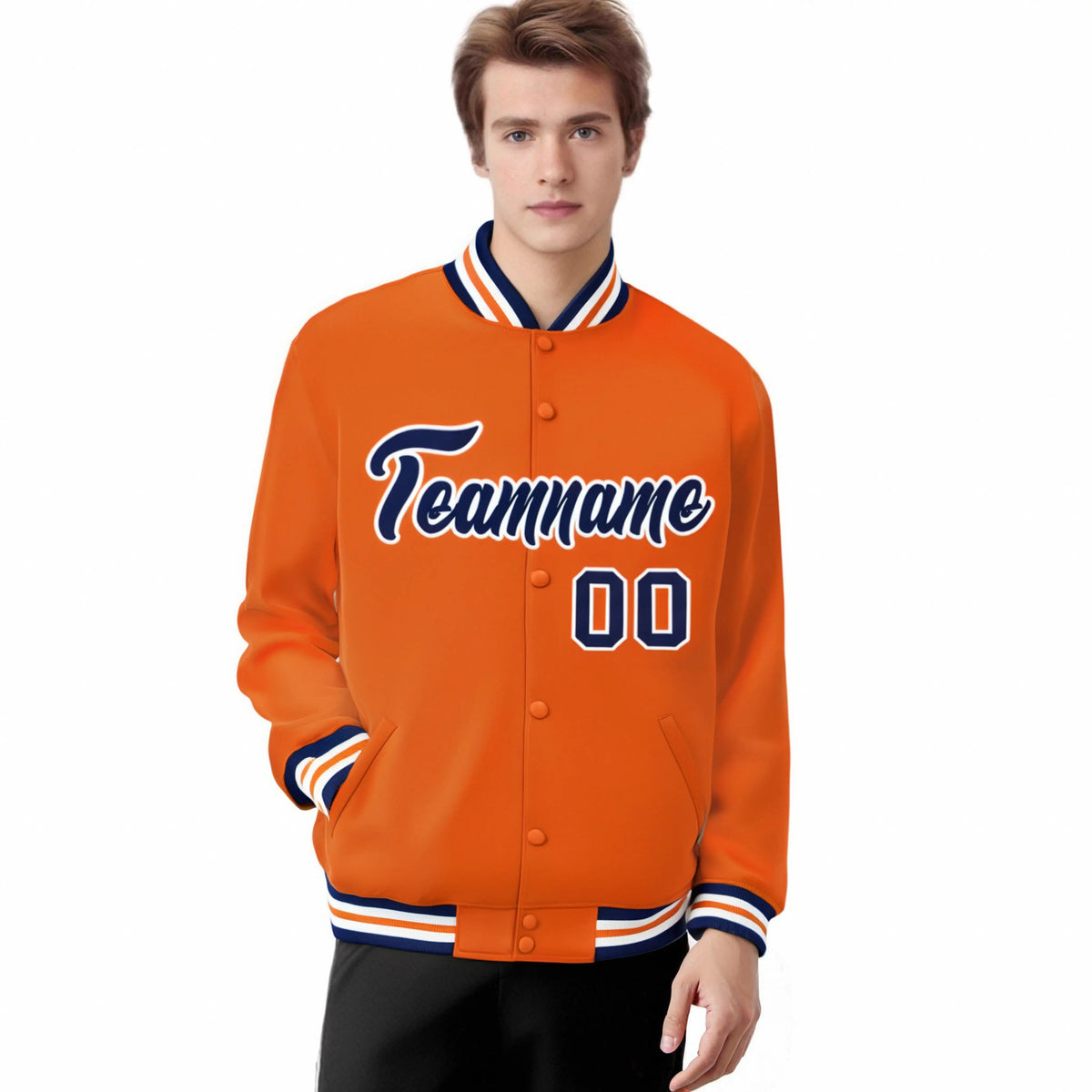 Custom Orange Navy-White Bomber Full-Snap Varsity Letterman Jacket