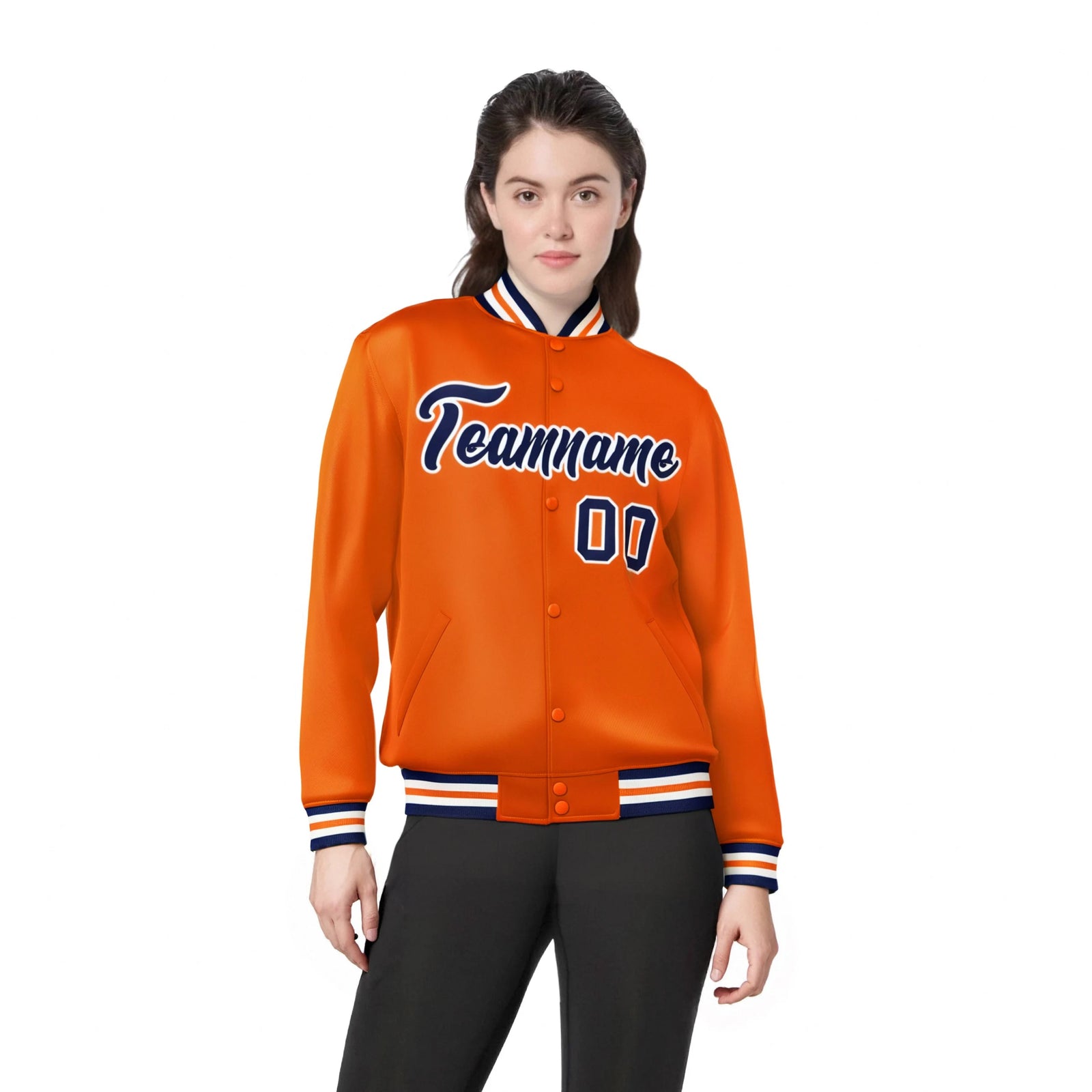 Custom Orange Navy-White Bomber Full-Snap Varsity Letterman Jacket