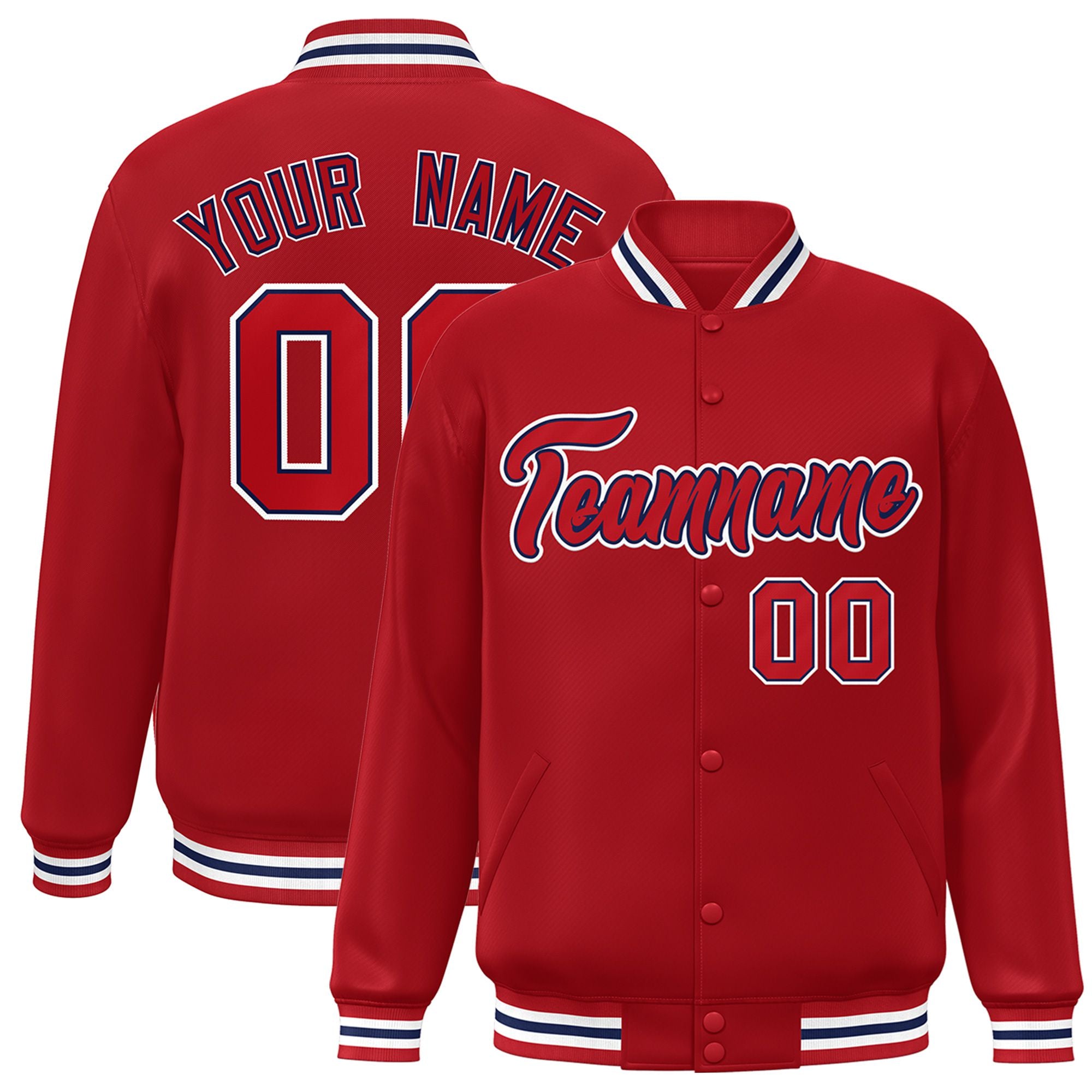 Custom Royal-Red White Bomber Full-Snap Varsity Letterman Jacket