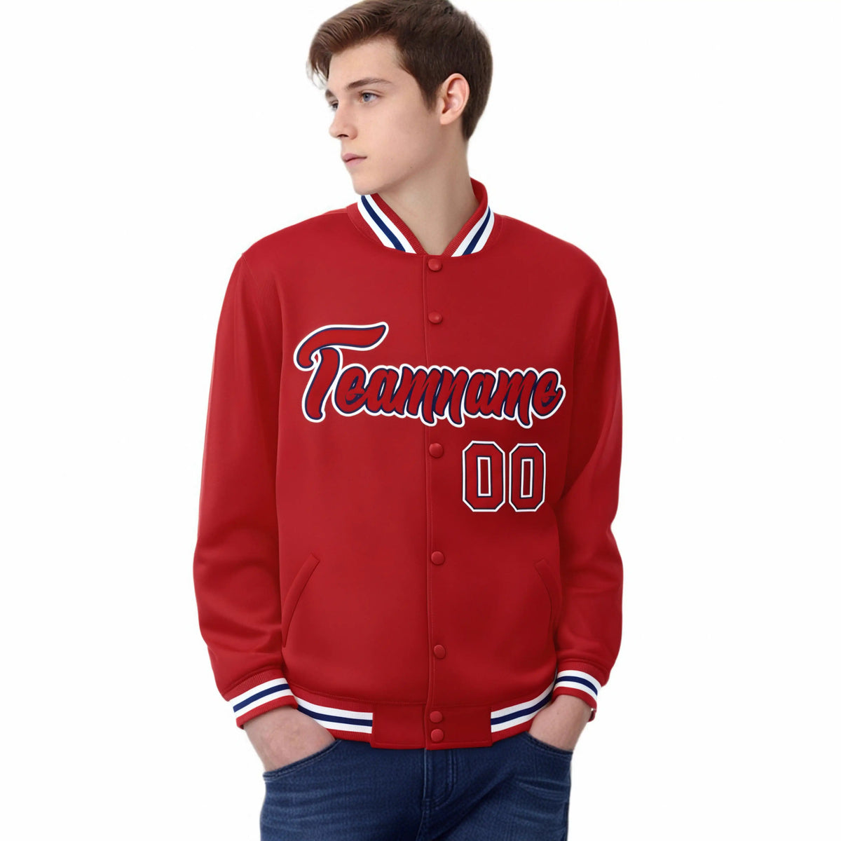 Custom Royal-Red White Bomber Full-Snap Varsity Letterman Jacket