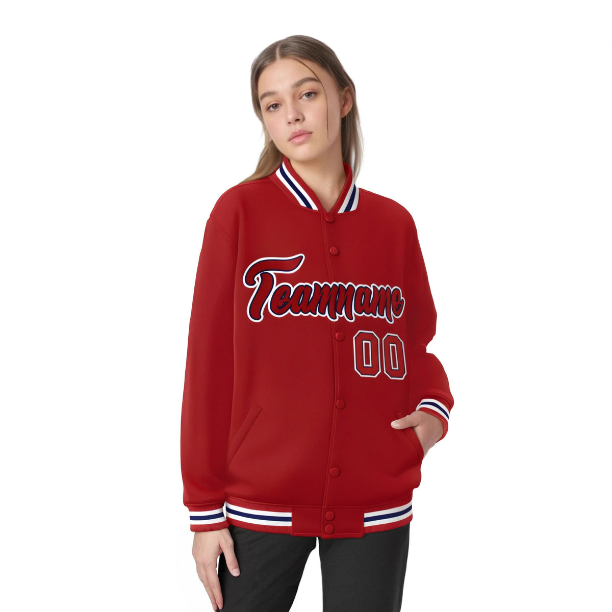 Custom Royal-Red White Bomber Full-Snap Varsity Letterman Jacket