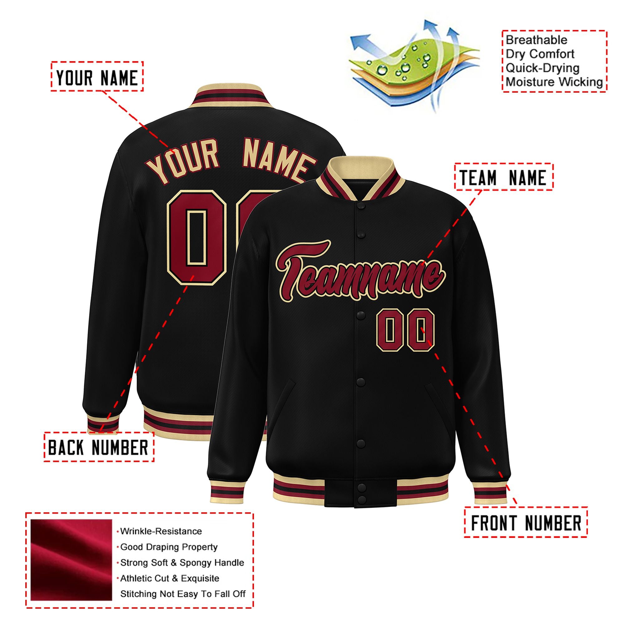 Custom Black Burgundy Old-Gold Bomber Full-Snap Varsity Letterman Jacket