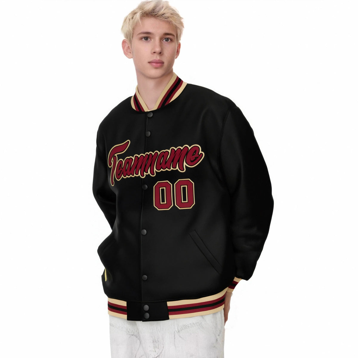 Custom Black Burgundy Old-Gold Bomber Full-Snap Varsity Letterman Jacket