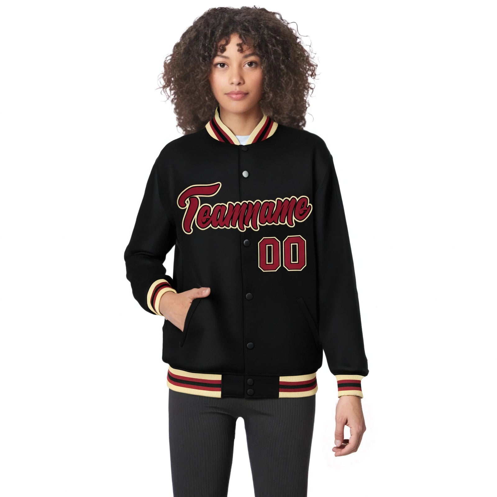Custom Black Burgundy Old-Gold Bomber Full-Snap Varsity Letterman Jacket