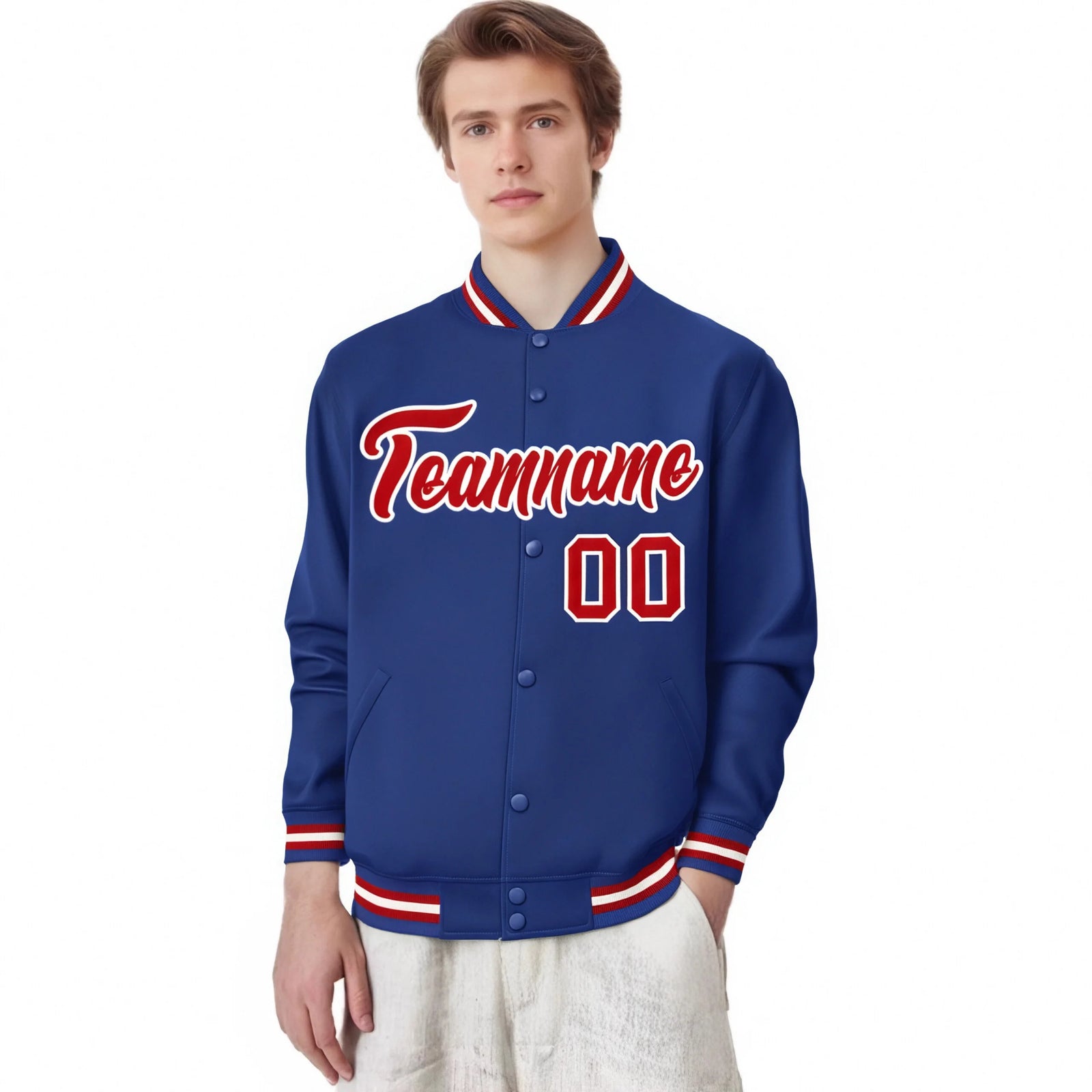 Custom Purple Red-White Bomber Full-Snap Varsity Letterman Jacket