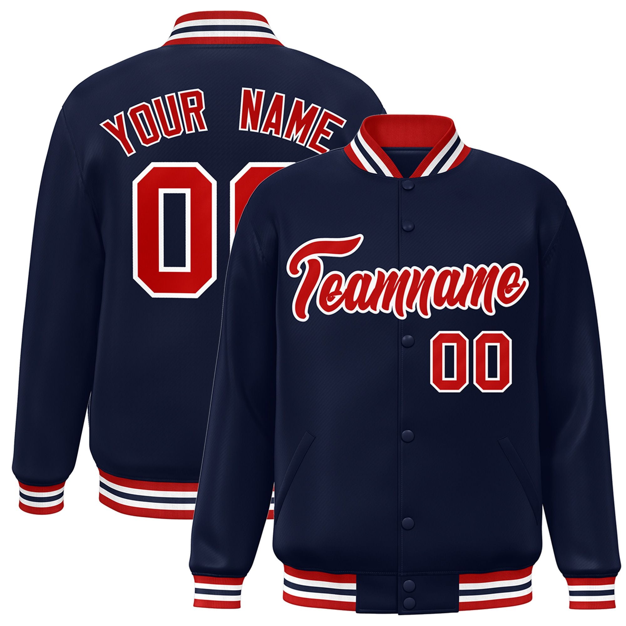 Custom Navy Red-White Bomber Full-Snap Varsity Letterman Jacket