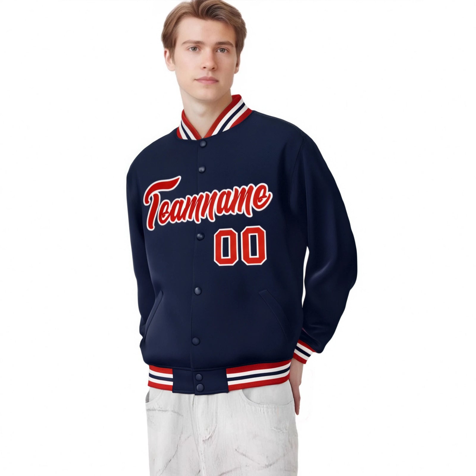 Custom Navy Red-White Bomber Full-Snap Varsity Letterman Jacket