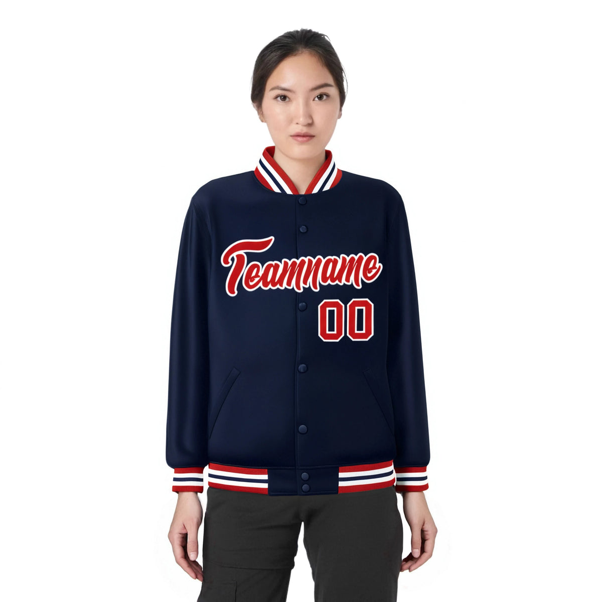 Custom Navy Red-White Bomber Full-Snap Varsity Letterman Jacket