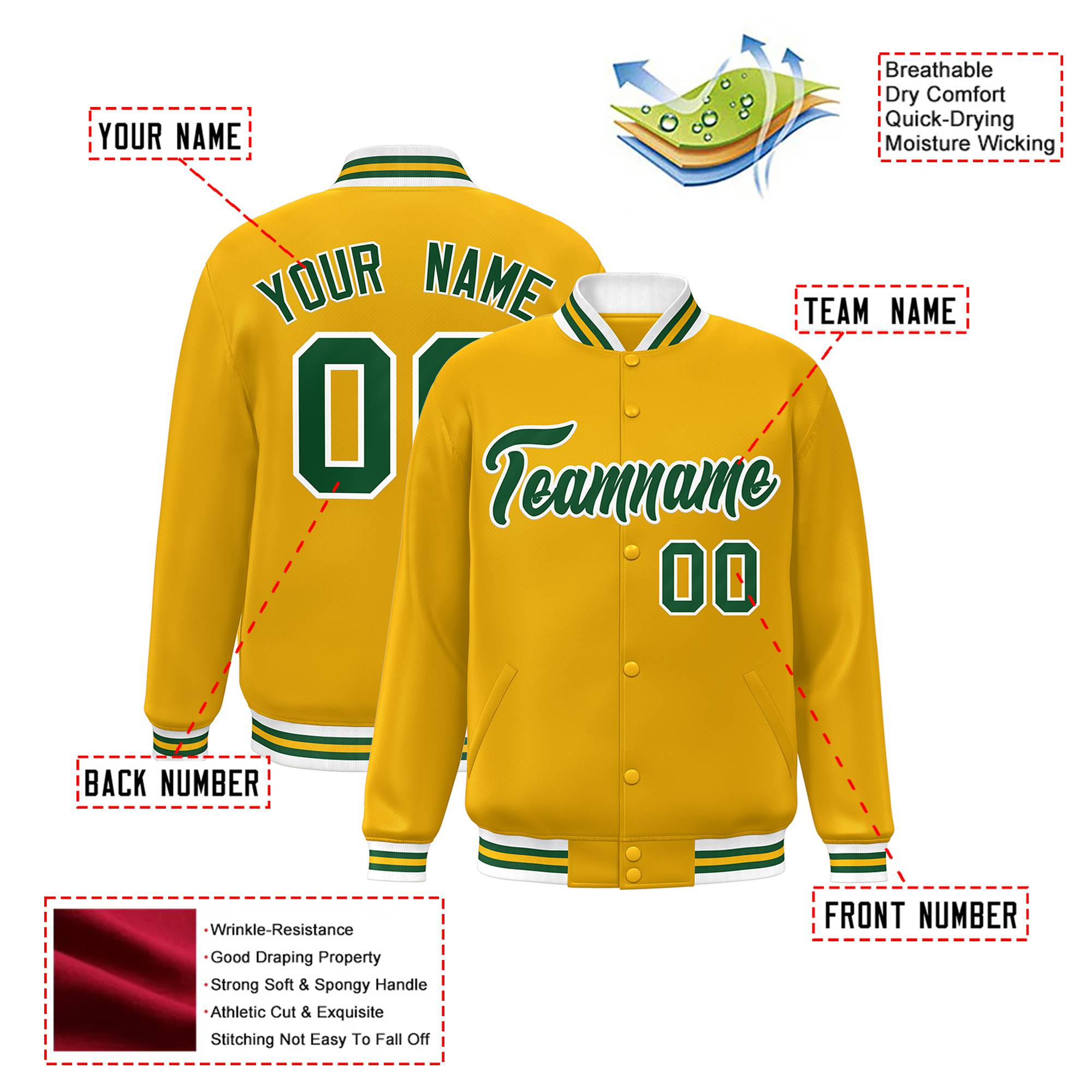 Custom Yellow Green-White Bomber Full-Snap Varsity Letterman Jacket