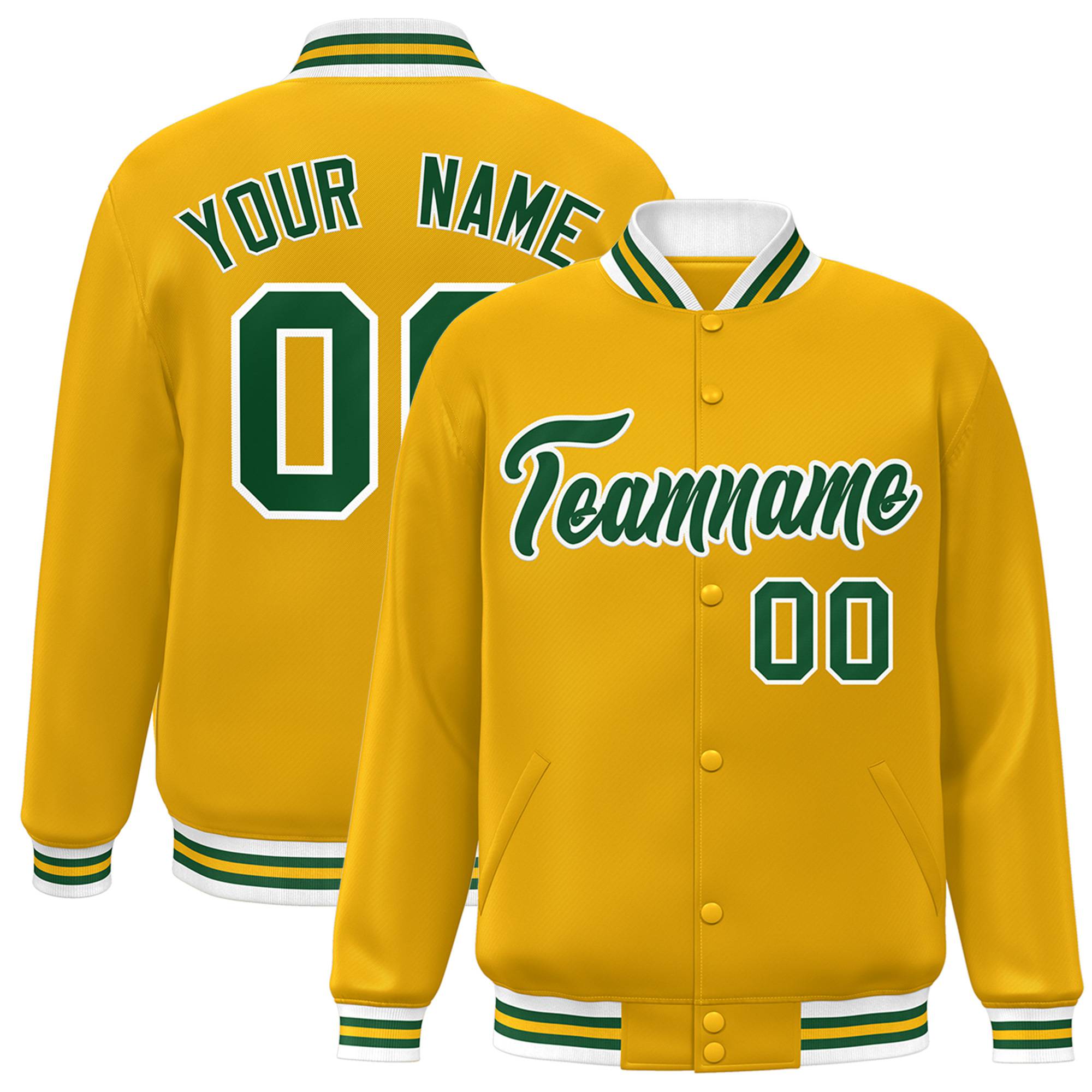 Custom Yellow Green-White Bomber Full-Snap Varsity Letterman Jacket