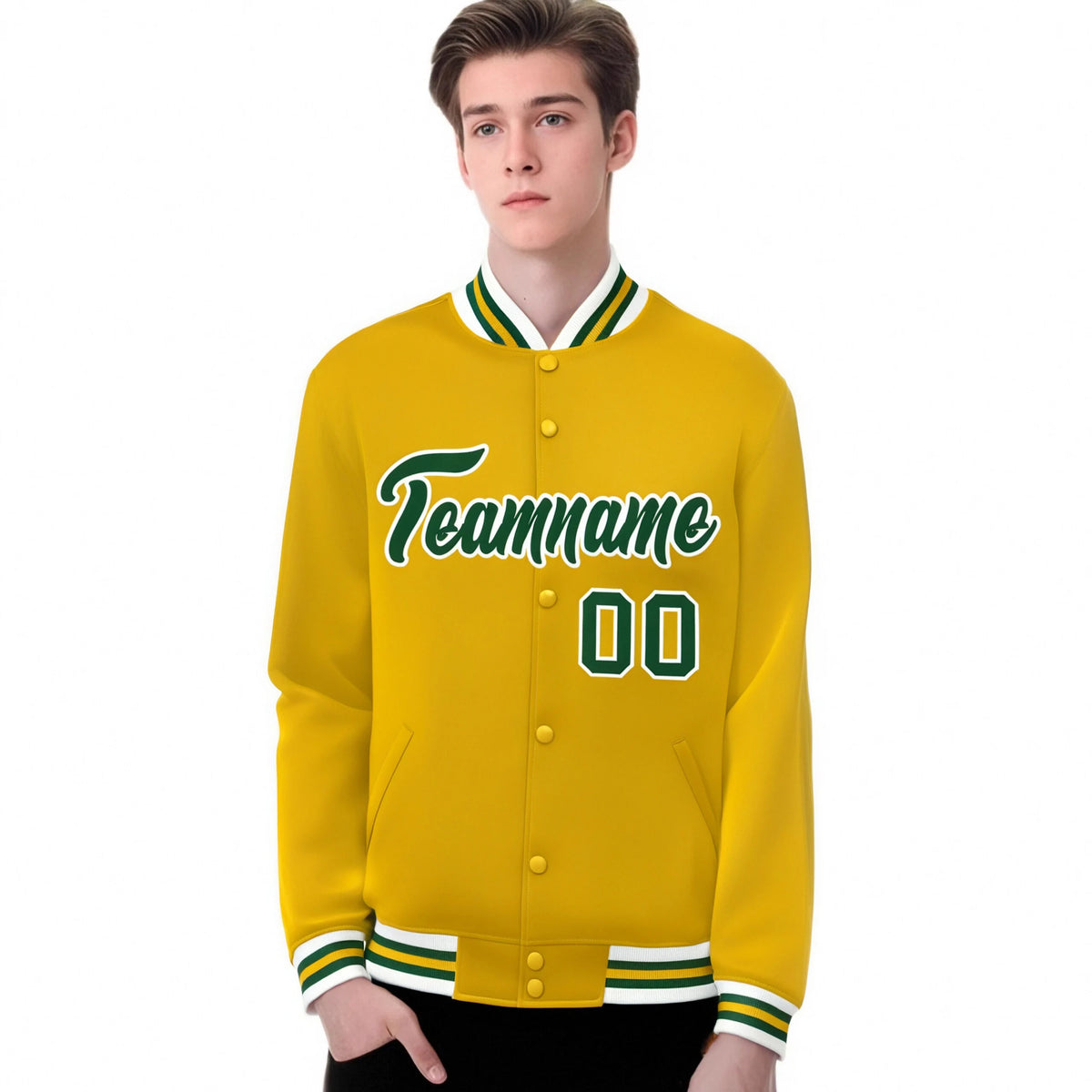 Custom Yellow Green-White Bomber Full-Snap Varsity Letterman Jacket