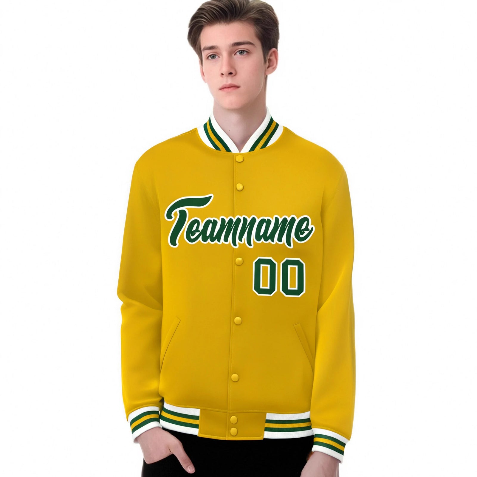 Custom Yellow Green-White Bomber Full-Snap Varsity Letterman Jacket