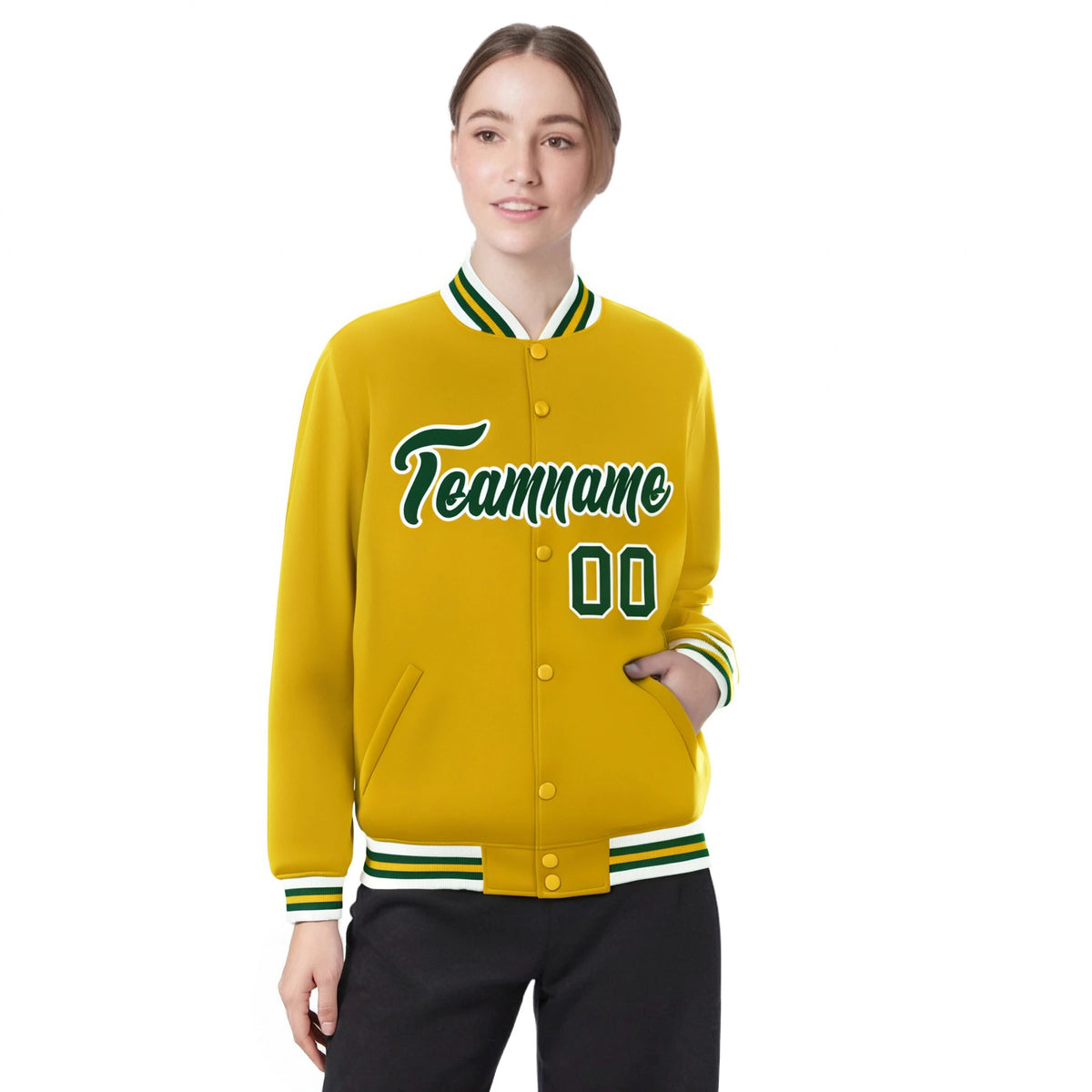 Custom Yellow Green-White Bomber Full-Snap Varsity Letterman Jacket