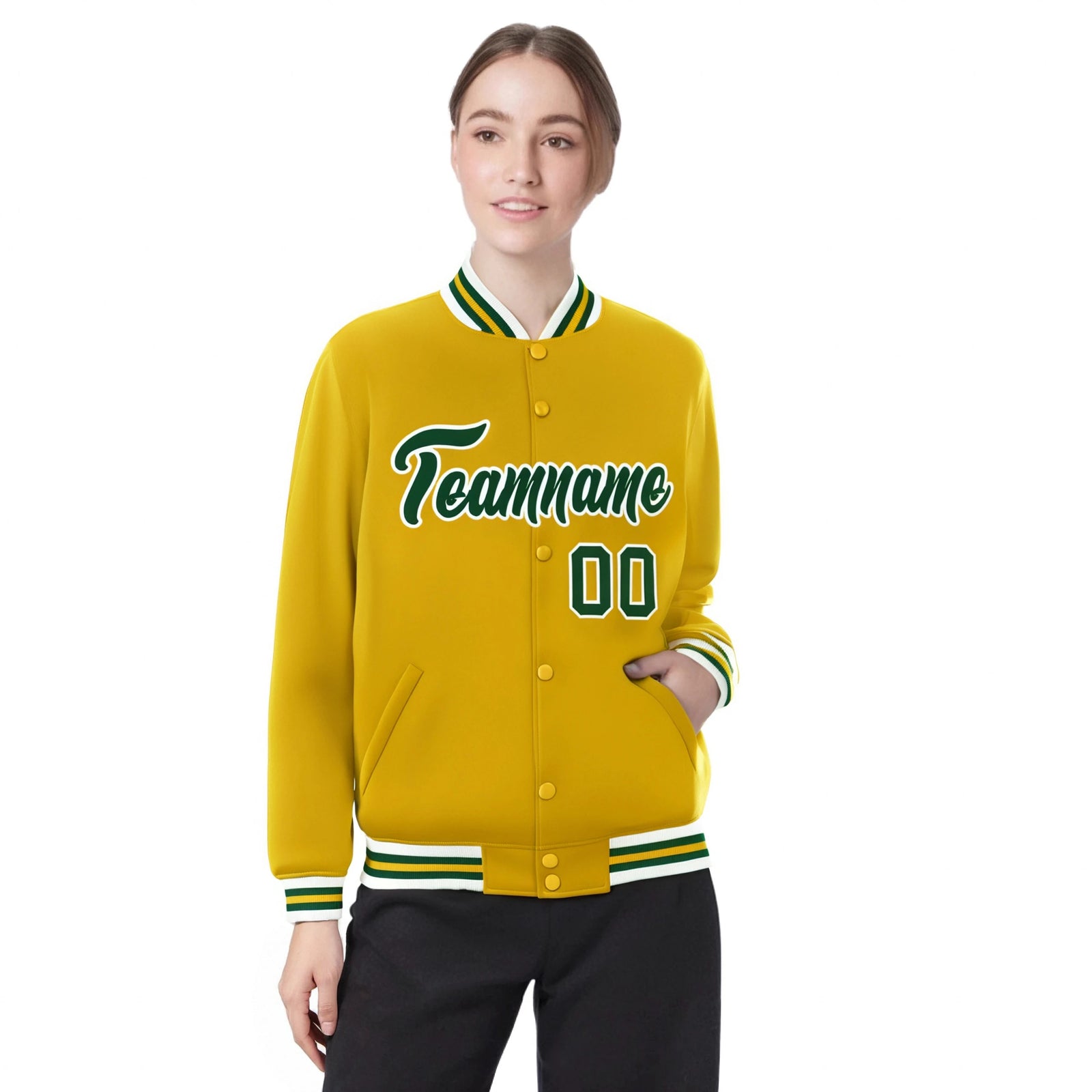 Custom Yellow Green-White Bomber Full-Snap Varsity Letterman Jacket