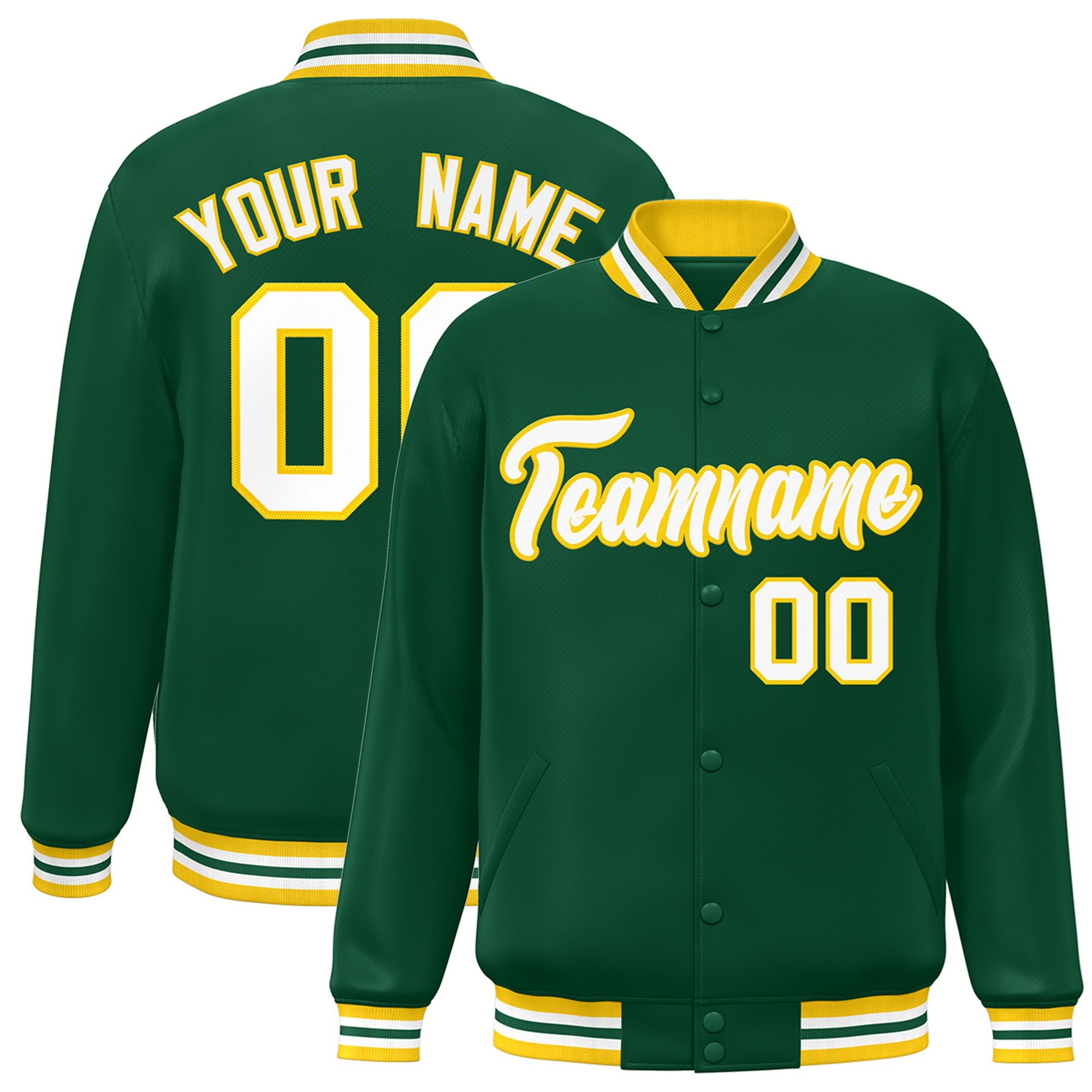 Custom Kelly Green White-Yellow Bomber Full-Snap Varsity Letterman Jacket