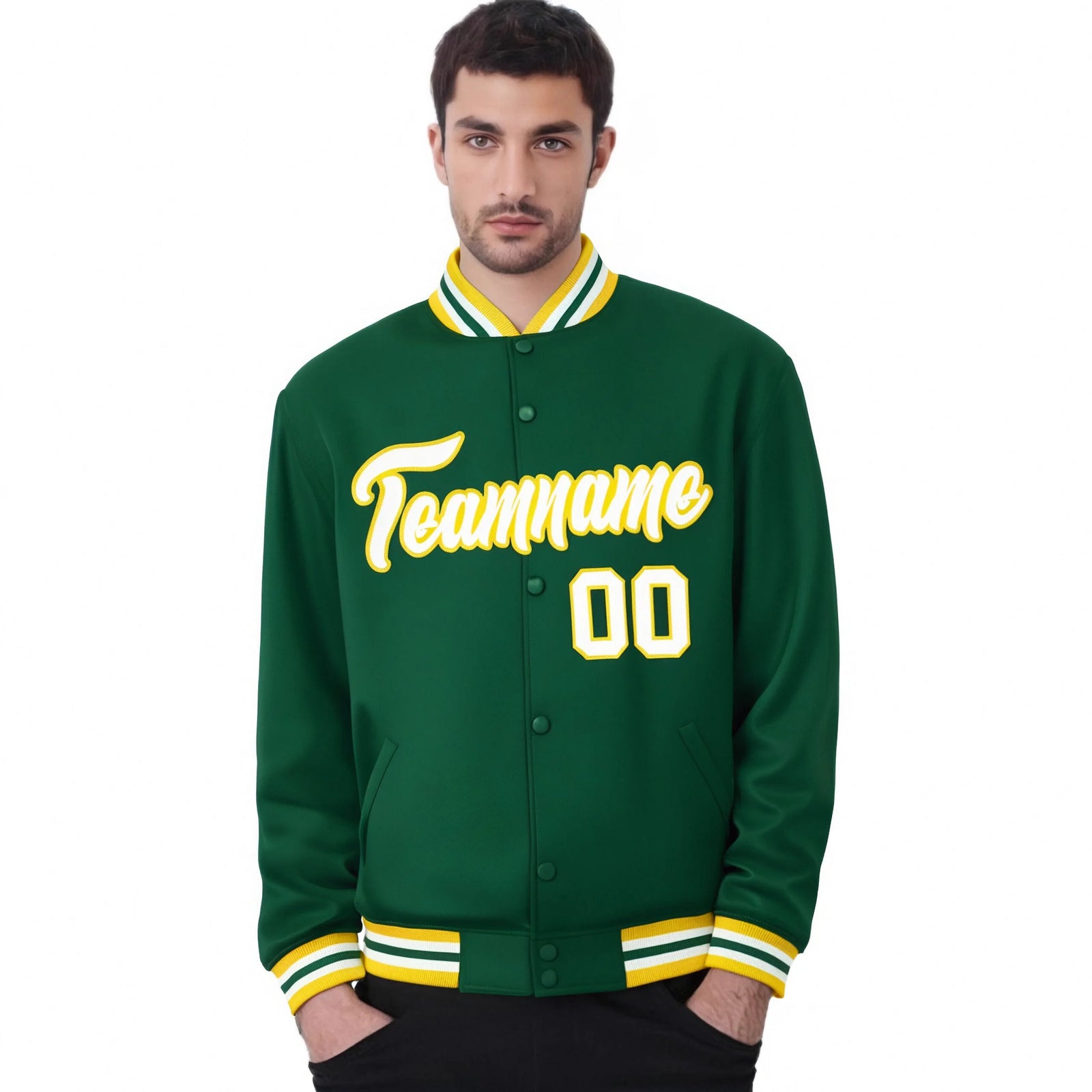 Custom Kelly Green White-Yellow Bomber Full-Snap Varsity Letterman Jacket