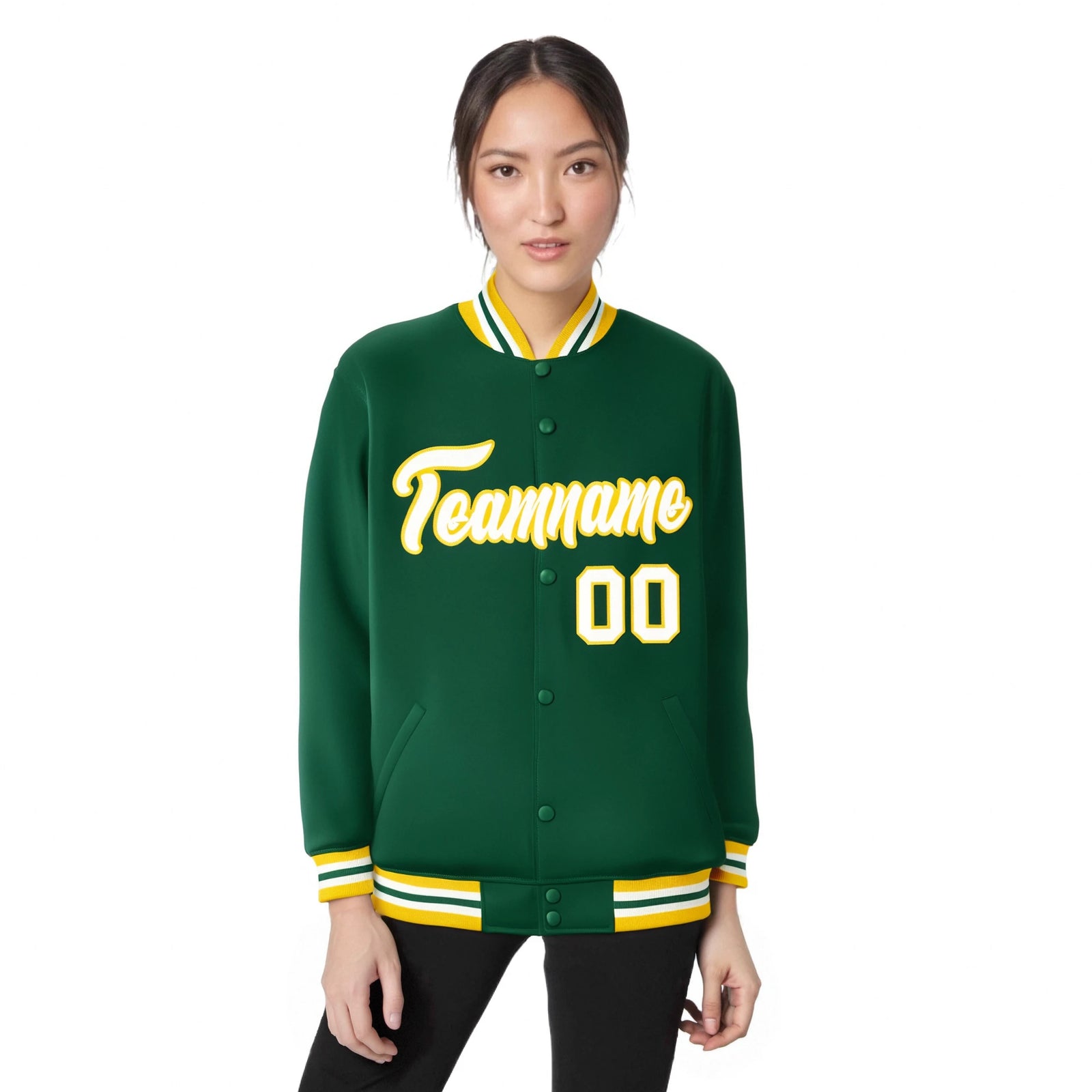 Custom Kelly Green White-Yellow Bomber Full-Snap Varsity Letterman Jacket