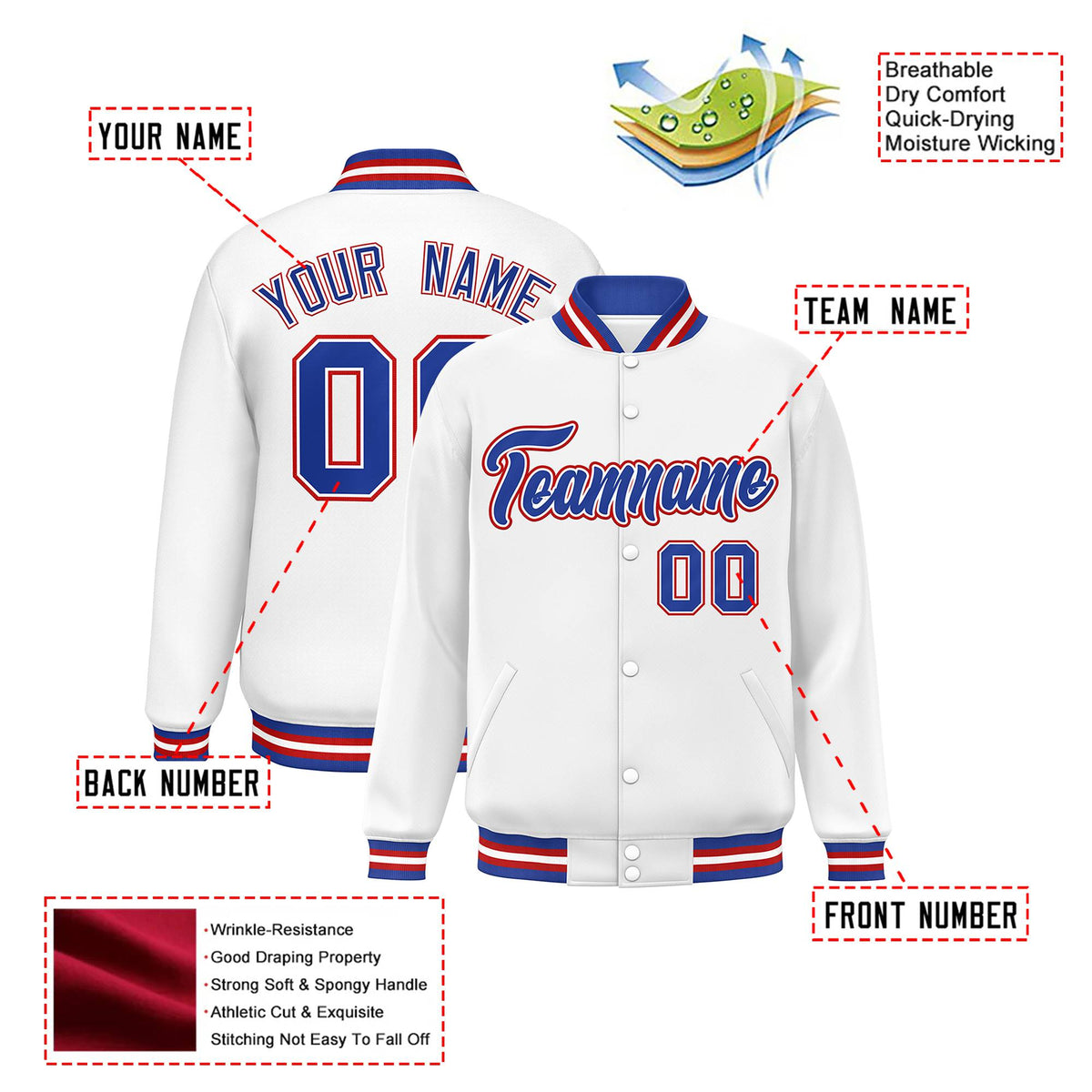 Custom White Thunder-Blue Red Bomber Full-Snap Varsity Letterman Jacket