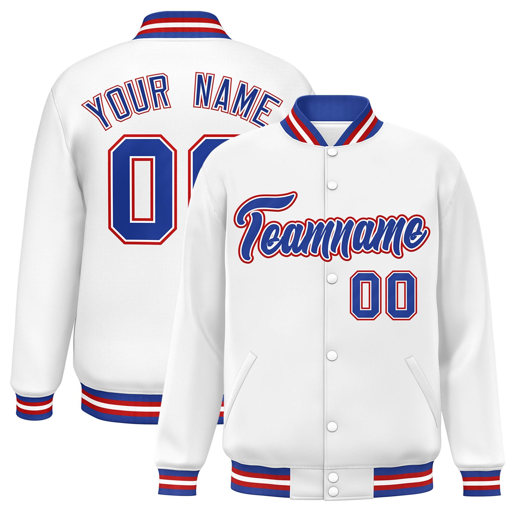 Custom White Thunder-Blue Red Bomber Full-Snap Varsity Letterman Jacket