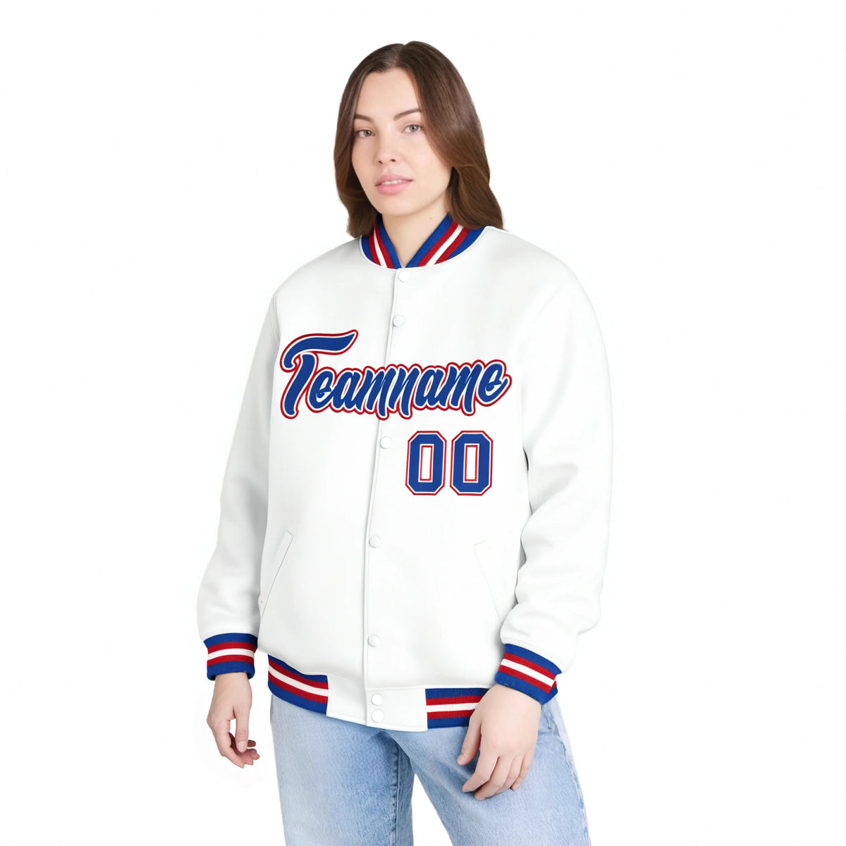 Custom White Thunder-Blue Red Bomber Full-Snap Varsity Letterman Jacket