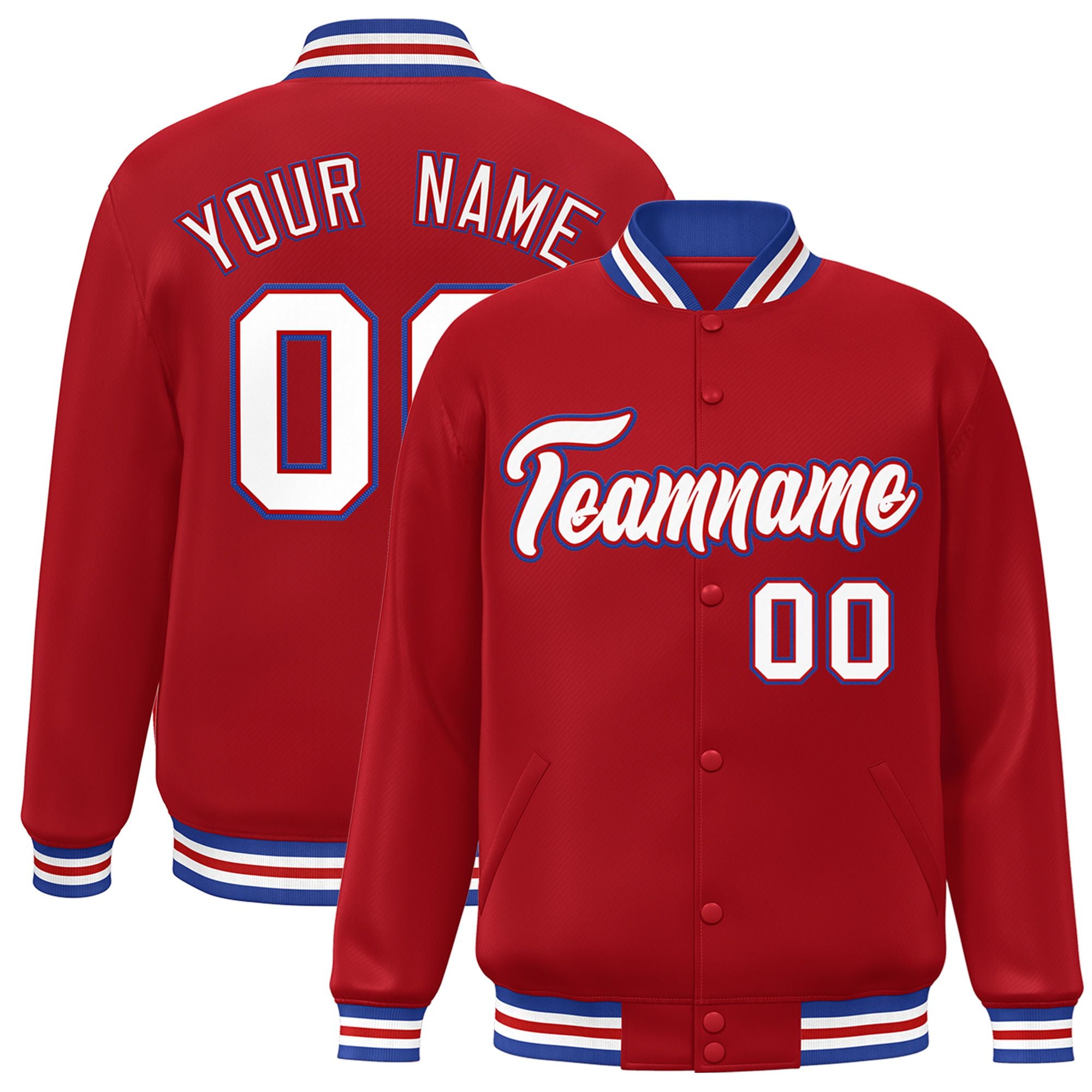 Custom Royal Red White-Blue Bomber Full-Snap Varsity Letterman Jacket