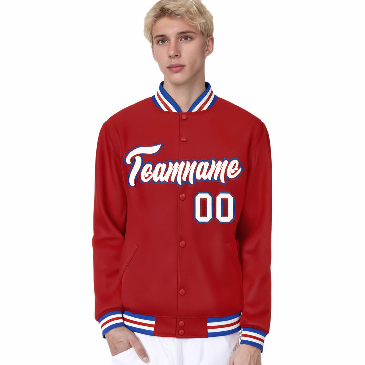 Custom Royal Red White-Blue Bomber Full-Snap Varsity Letterman Jacket