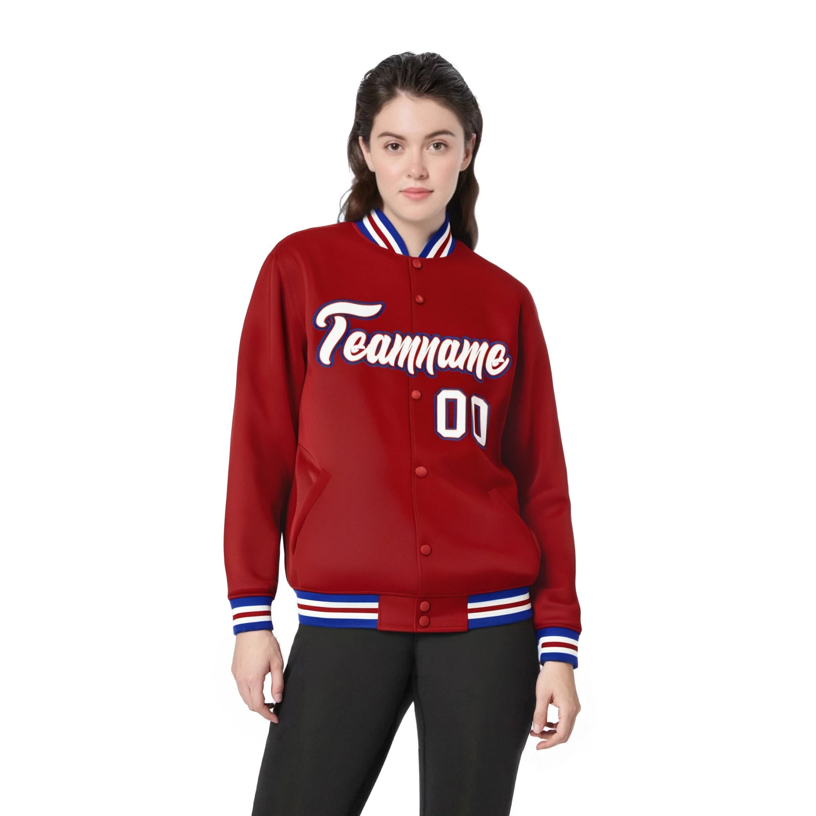 Custom Royal Red White-Blue Bomber Full-Snap Varsity Letterman Jacket