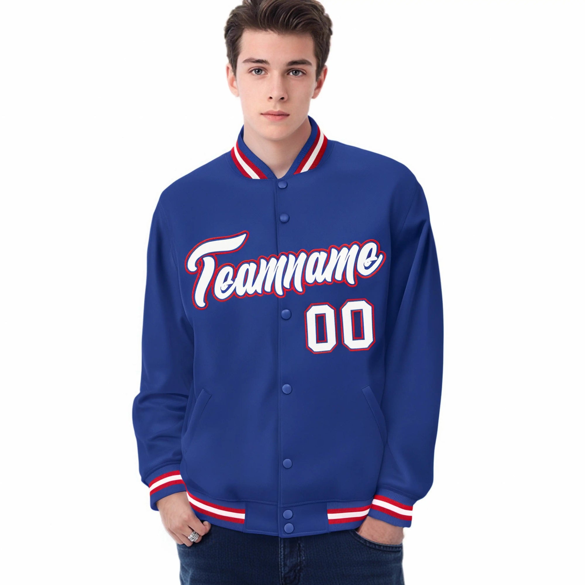 Custom Purple White-Red Bomber Full-Snap Varsity Letterman Jacket