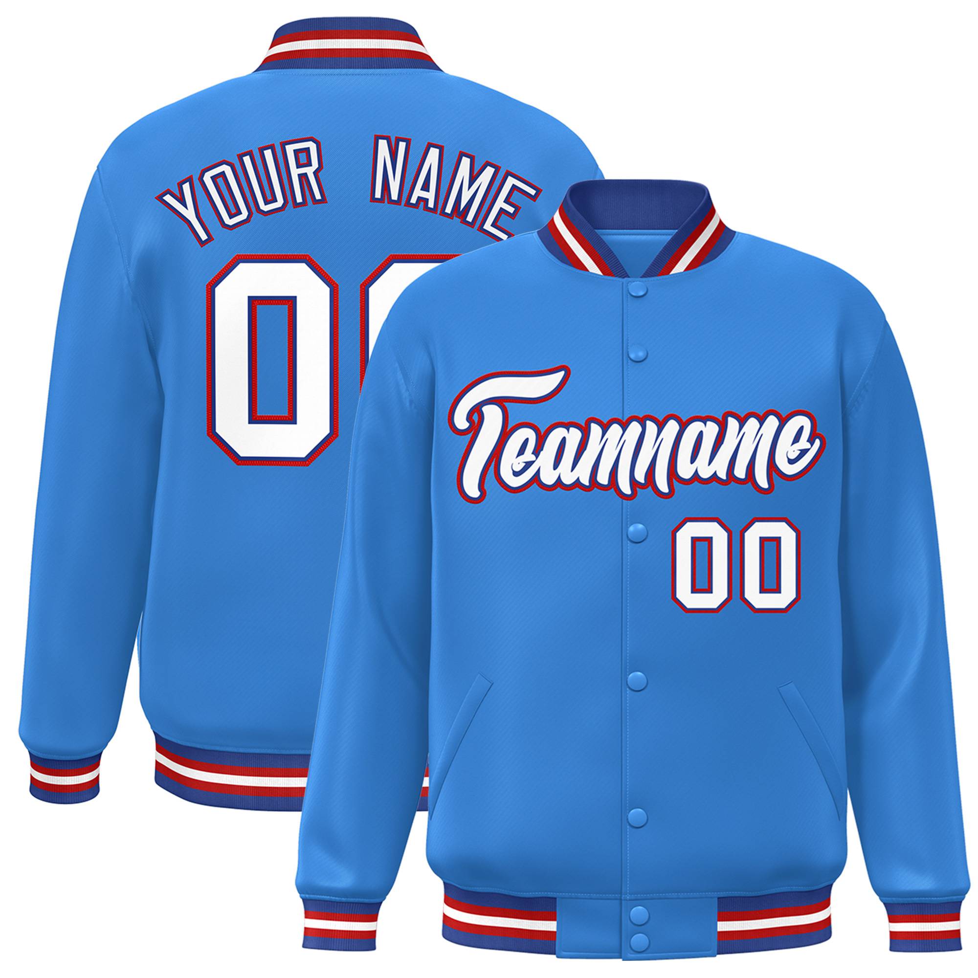 Custom Light Blue White-Red Bomber Full-Snap Varsity Letterman Jacket