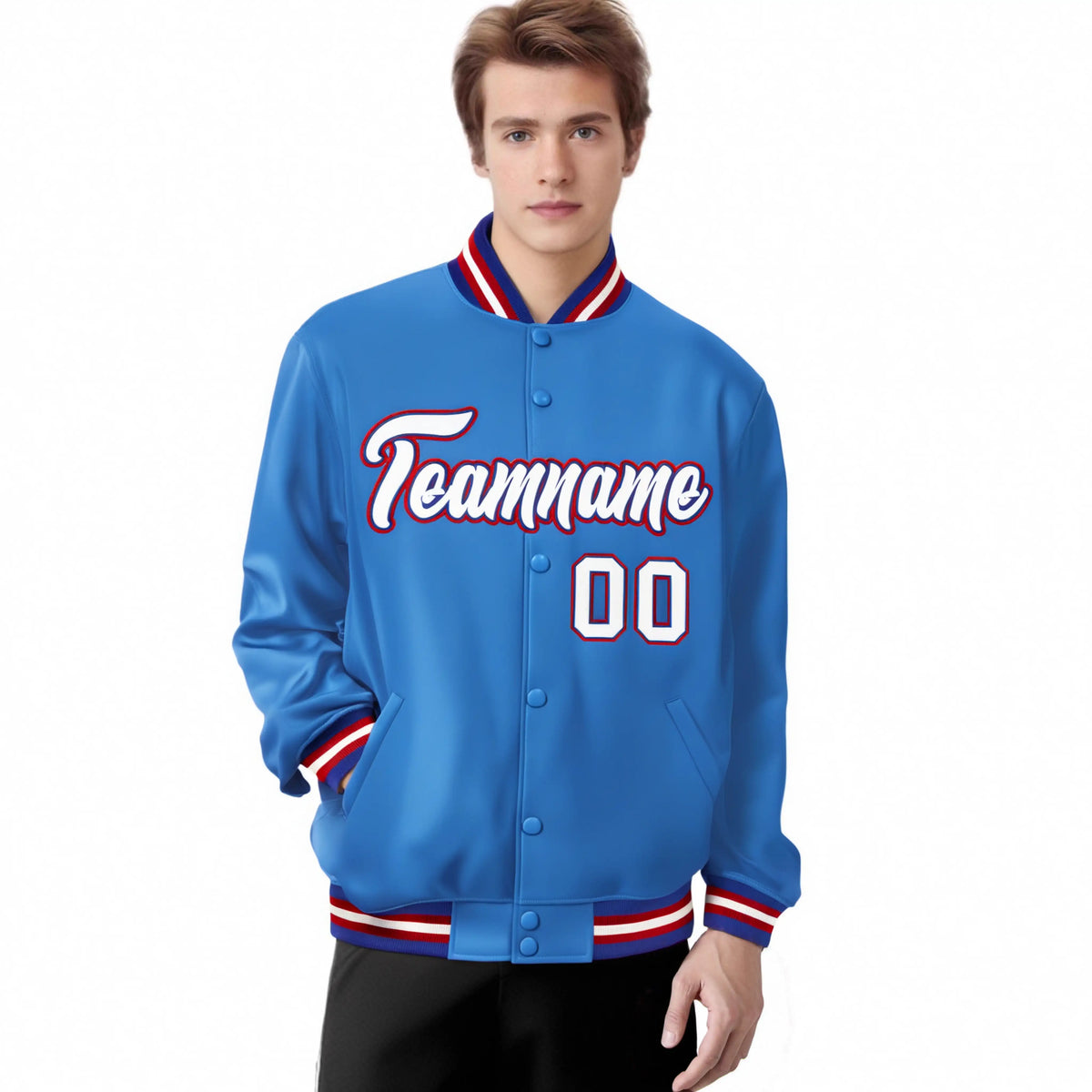 Custom Light Blue White-Red Bomber Full-Snap Varsity Letterman Jacket
