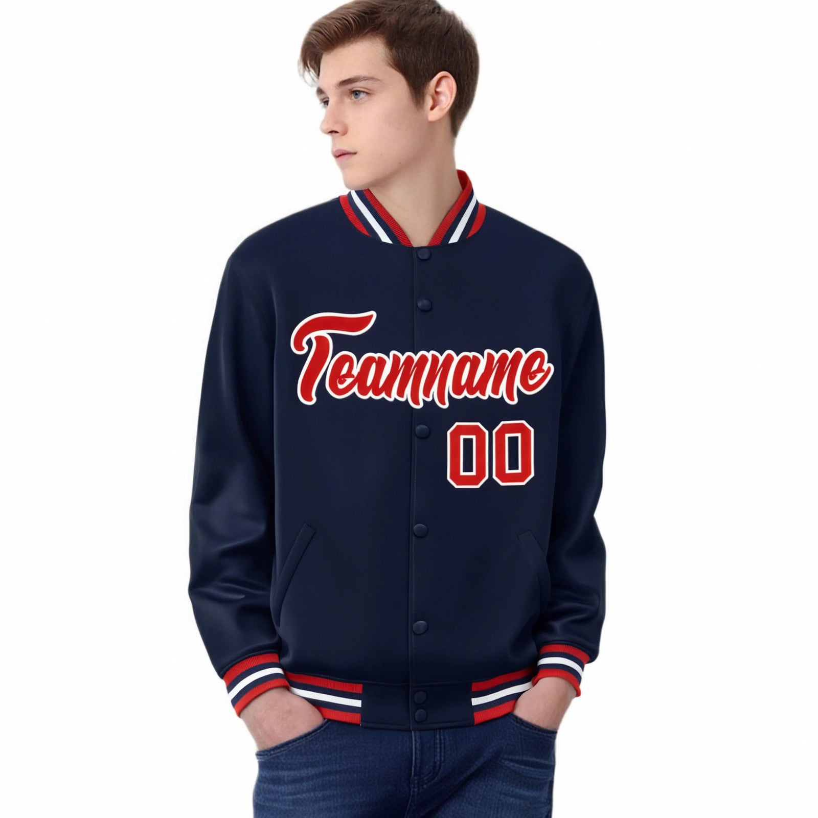 Custom Navy Red-White Bomber Full-Snap Varsity Letterman Jacket
