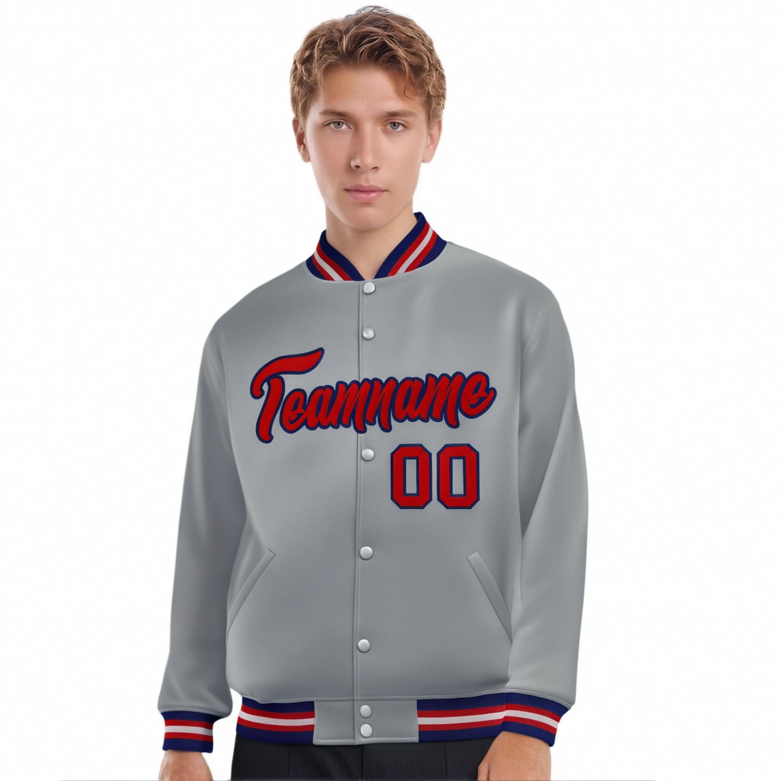 Custom Gray Red-Navy Bomber Full-Snap Varsity Letterman Jacket